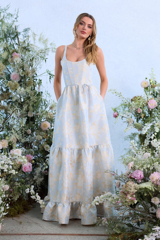 The Avery Dress in Sky Windsor Brocade