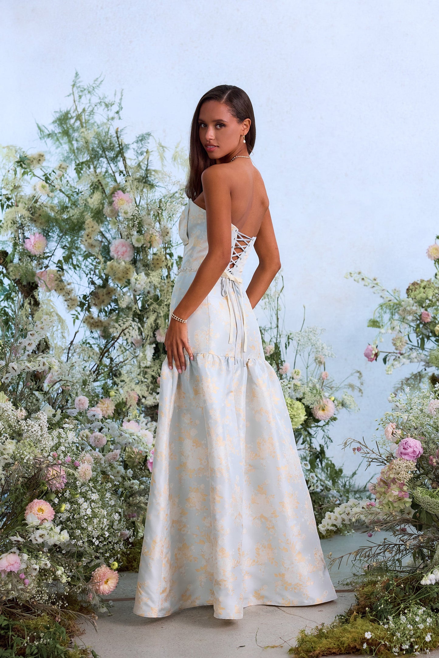 The Beatrice Dress in Sky Windsor Brocade