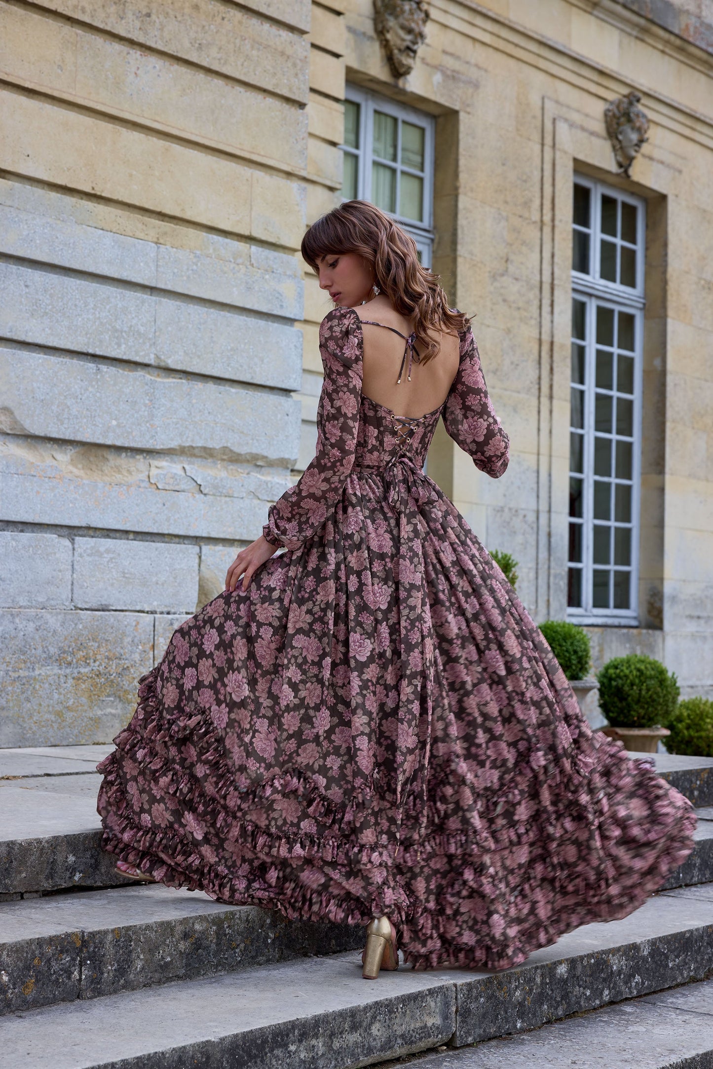 The Carmella Dress in Chocolate Peony Print