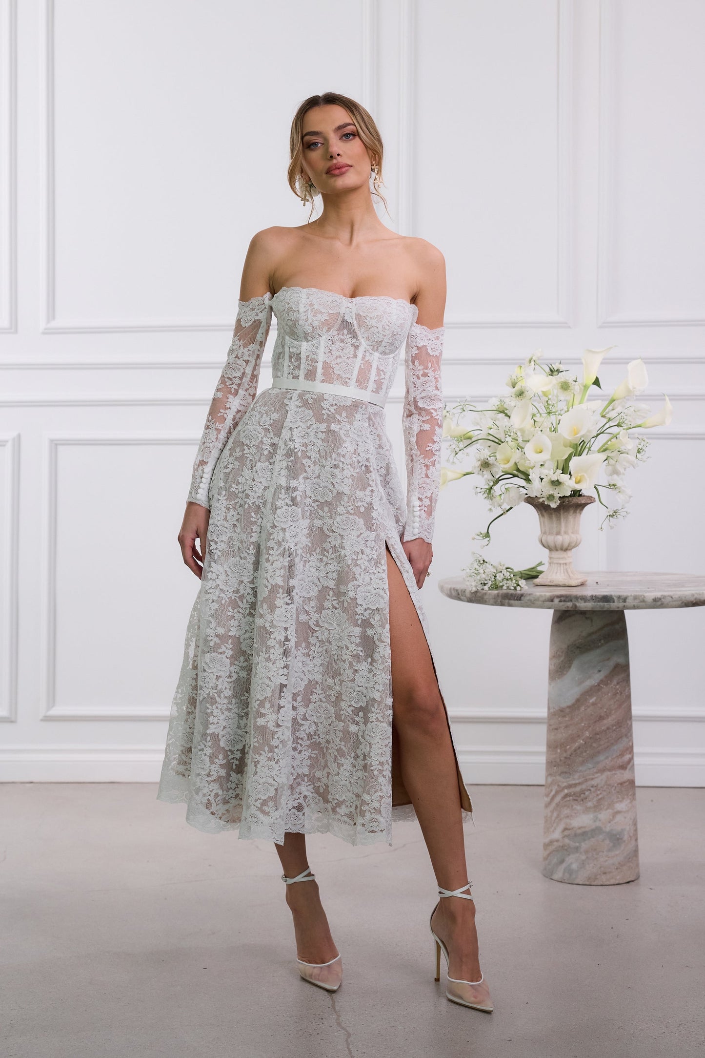 The Katherine Dress in White Chantilly Lace