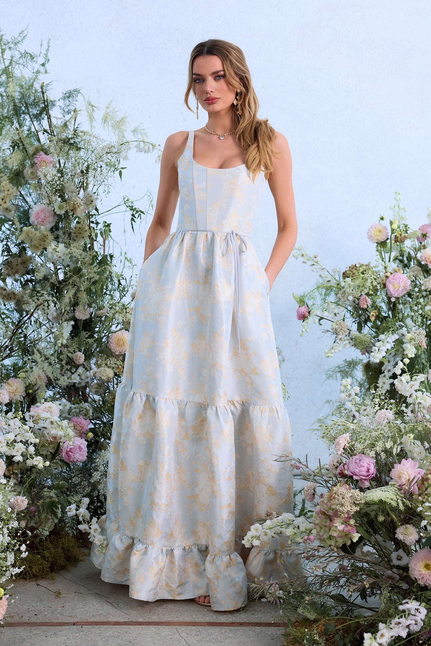 The Avery Dress in Sky Windsor Brocade