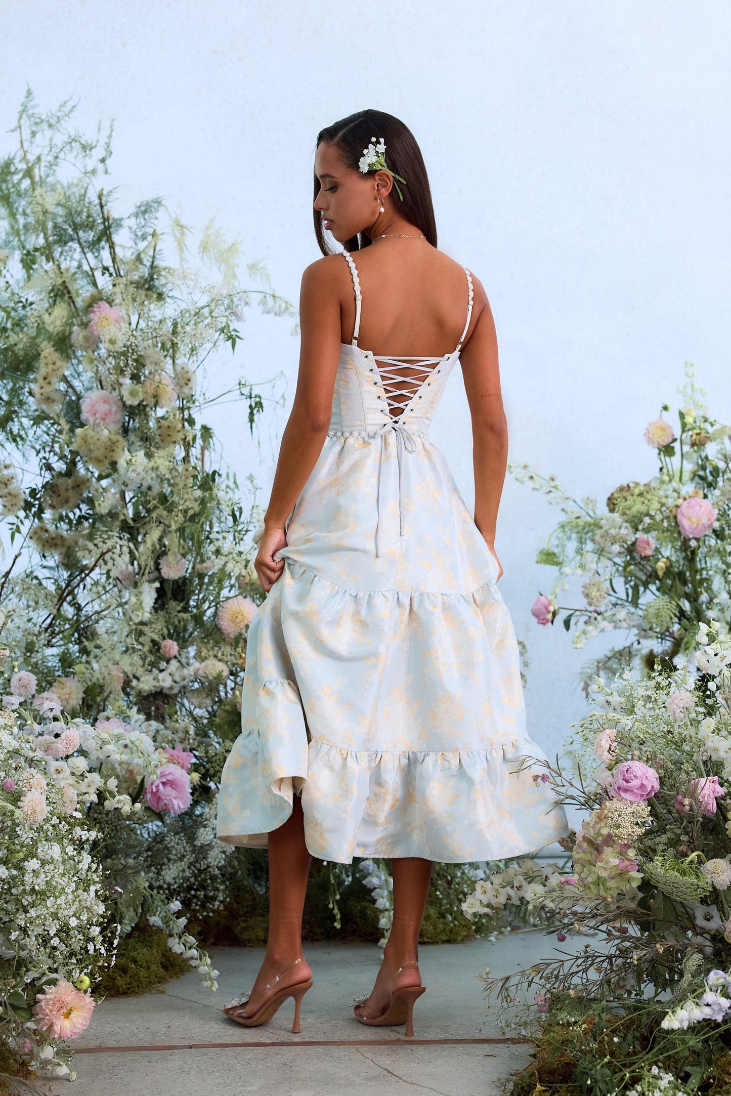 The Lorenza Dress in Sky Windsor Brocade