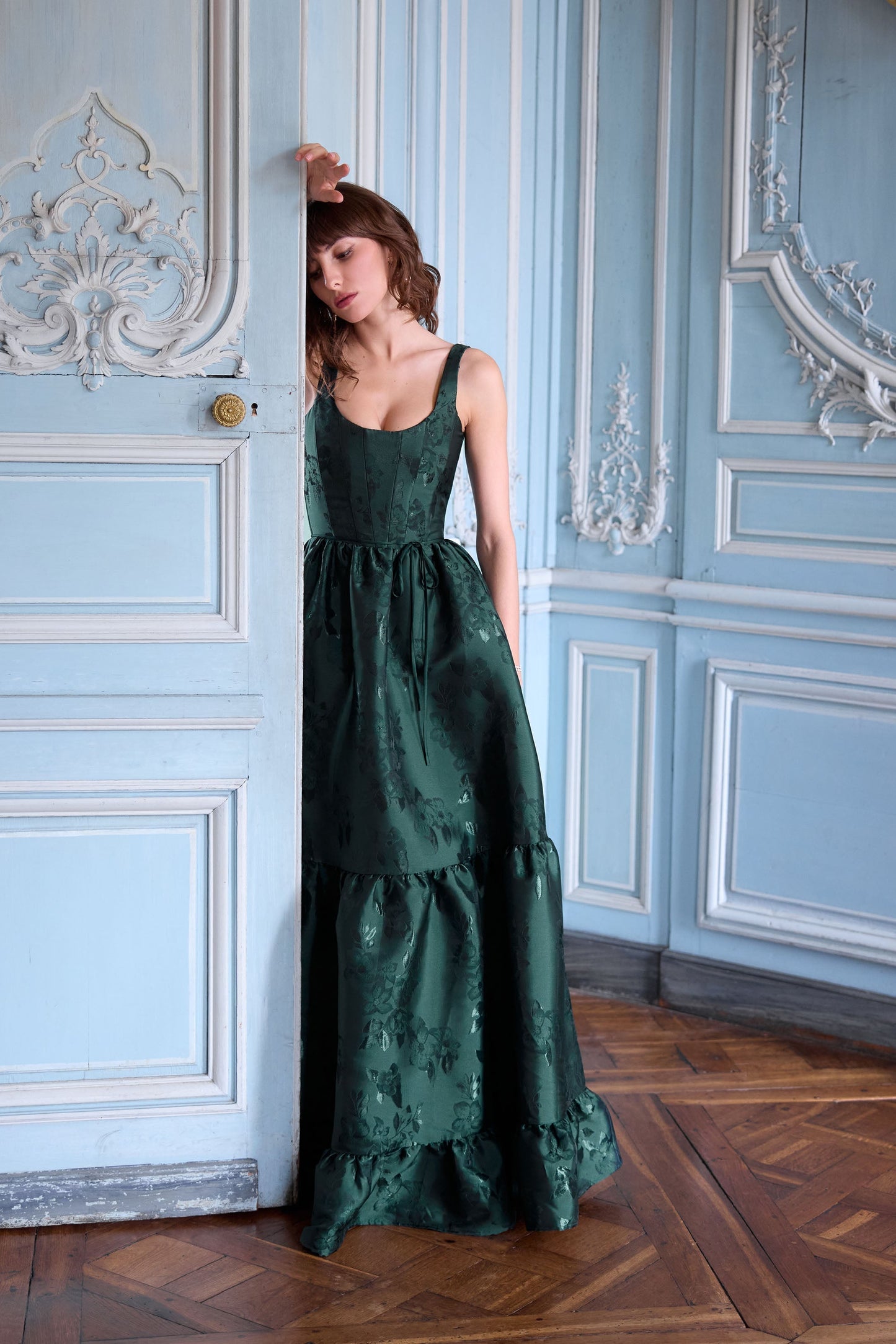 The Avery Dress in Emerald Baroque Floral