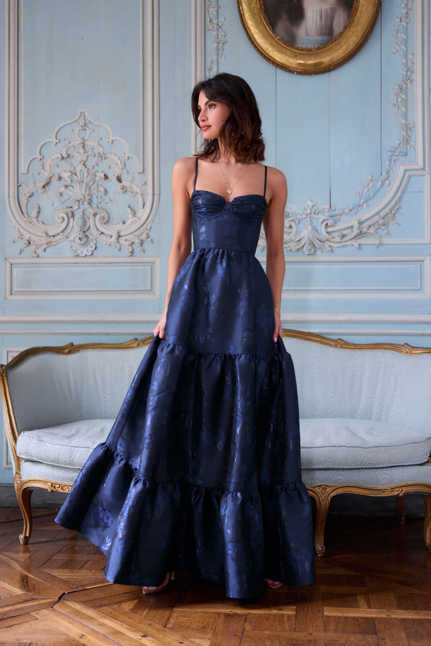 The Lucetta Dress in Navy Baroque Floral