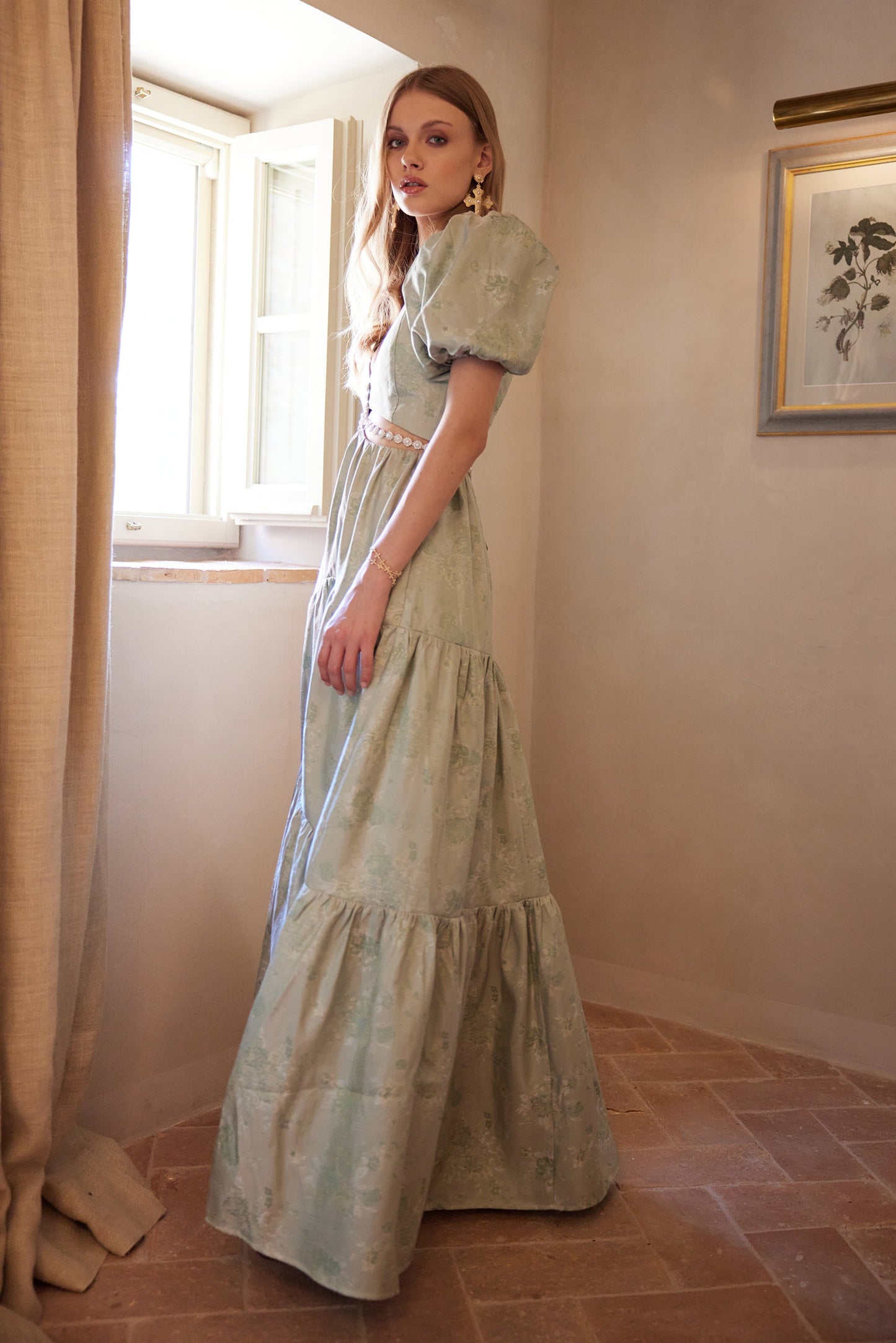 The Emma Dress in Sage Windsor Brocade