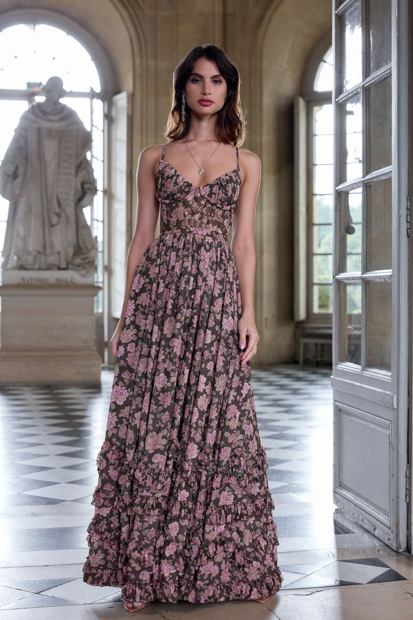 The Carmen Dress in Chocolate Peony Print