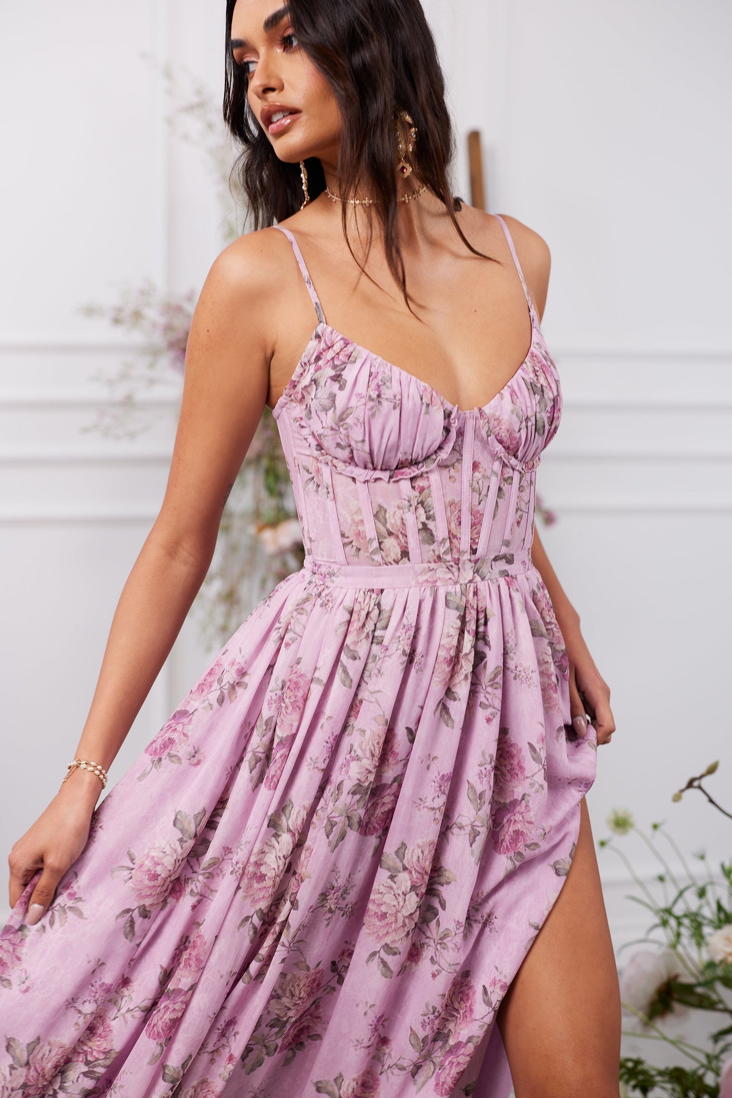 The Carmen Dress in Lilac Tapestry Rose