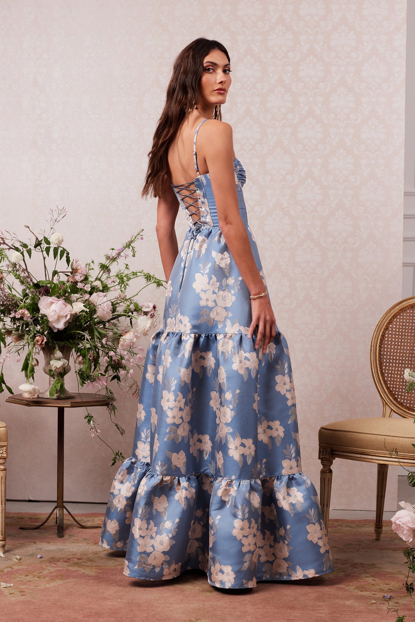 The Lucetta Dress in Dusk Blue Baroque Floral