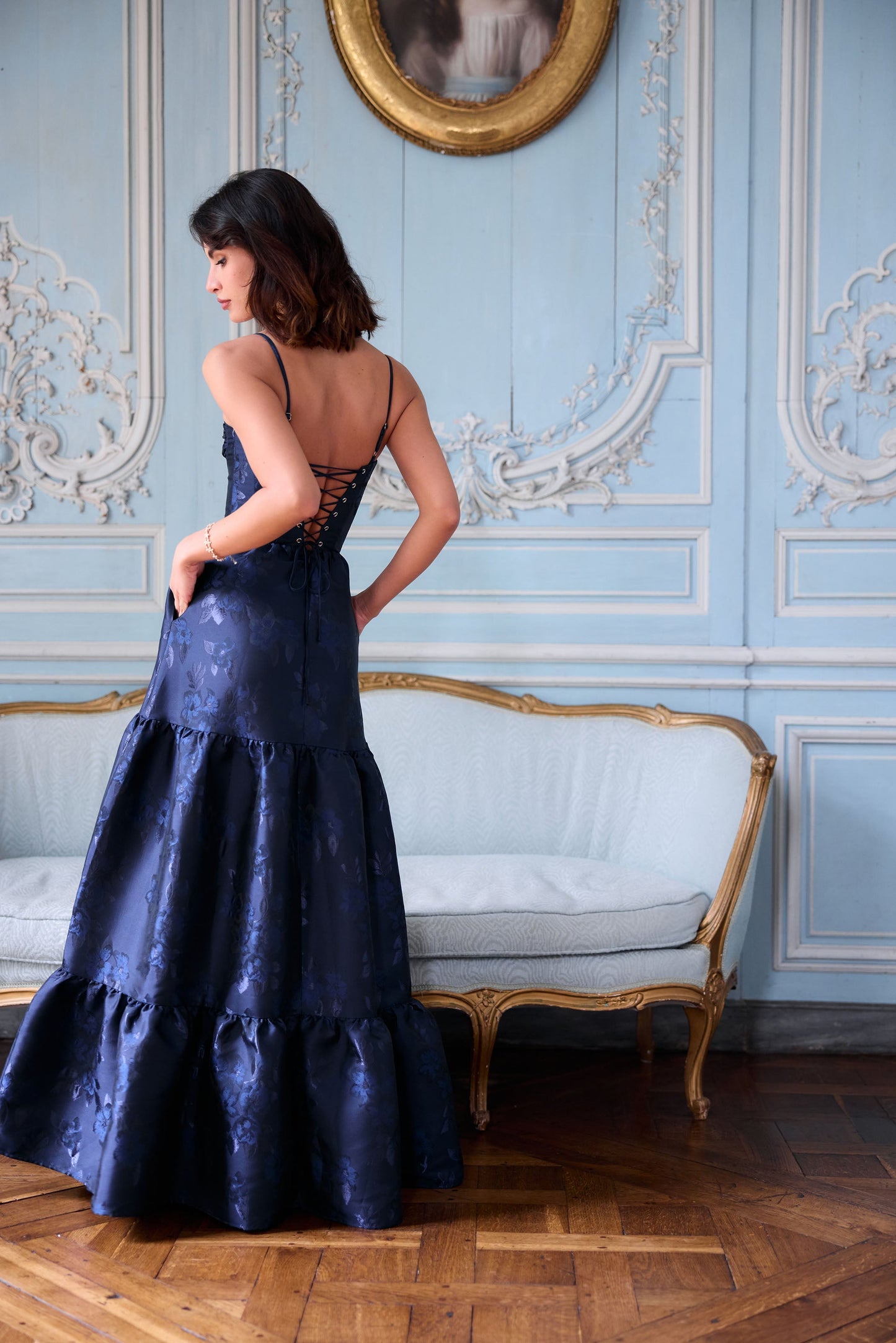 The Lucetta Dress in Navy Baroque Floral