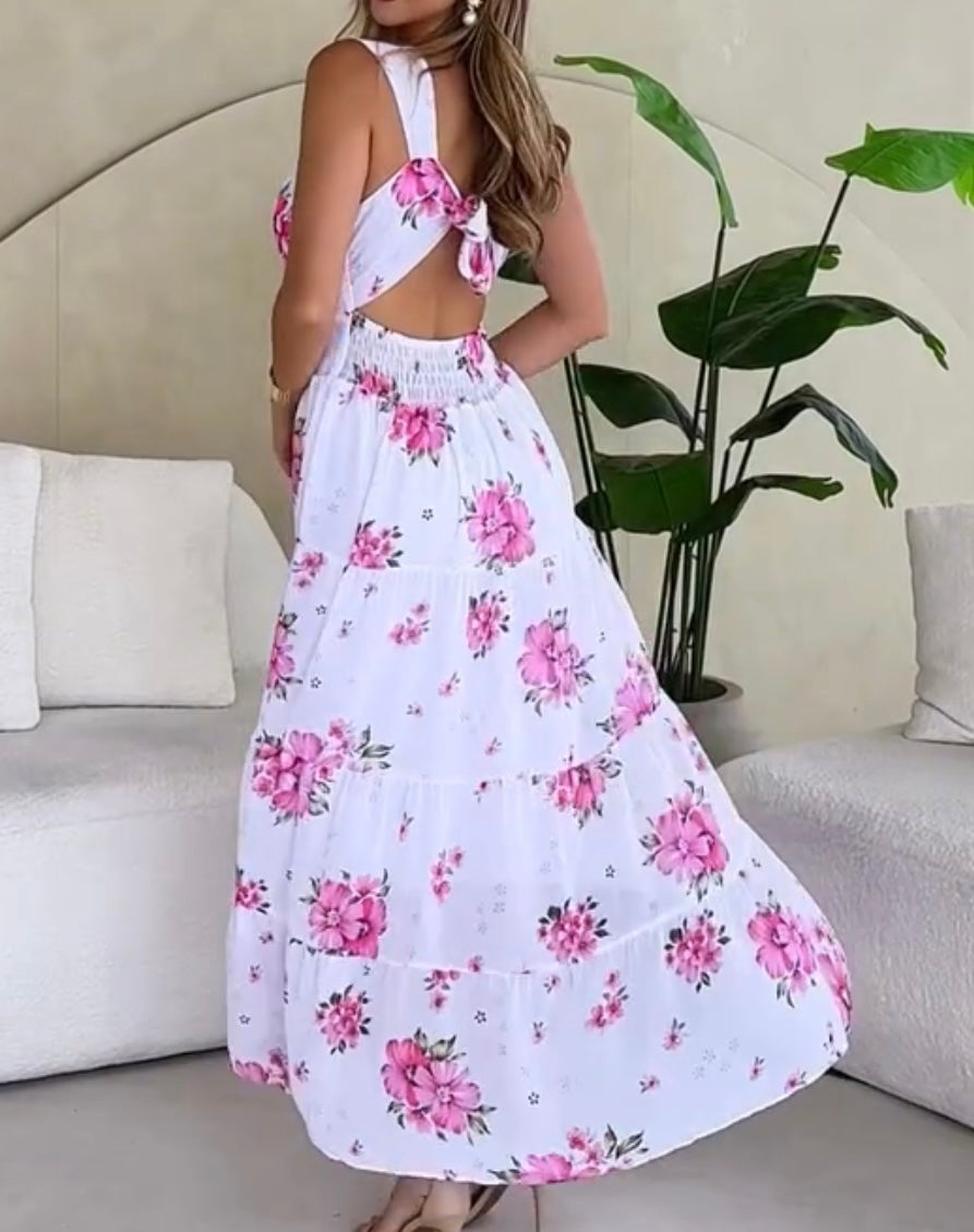 Sweet Spaghetti-Strap Printed Backless Dress