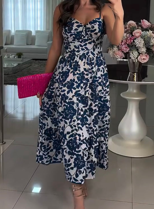 Sexy Floral Spaghetti-Strap Floral Print Long Dress