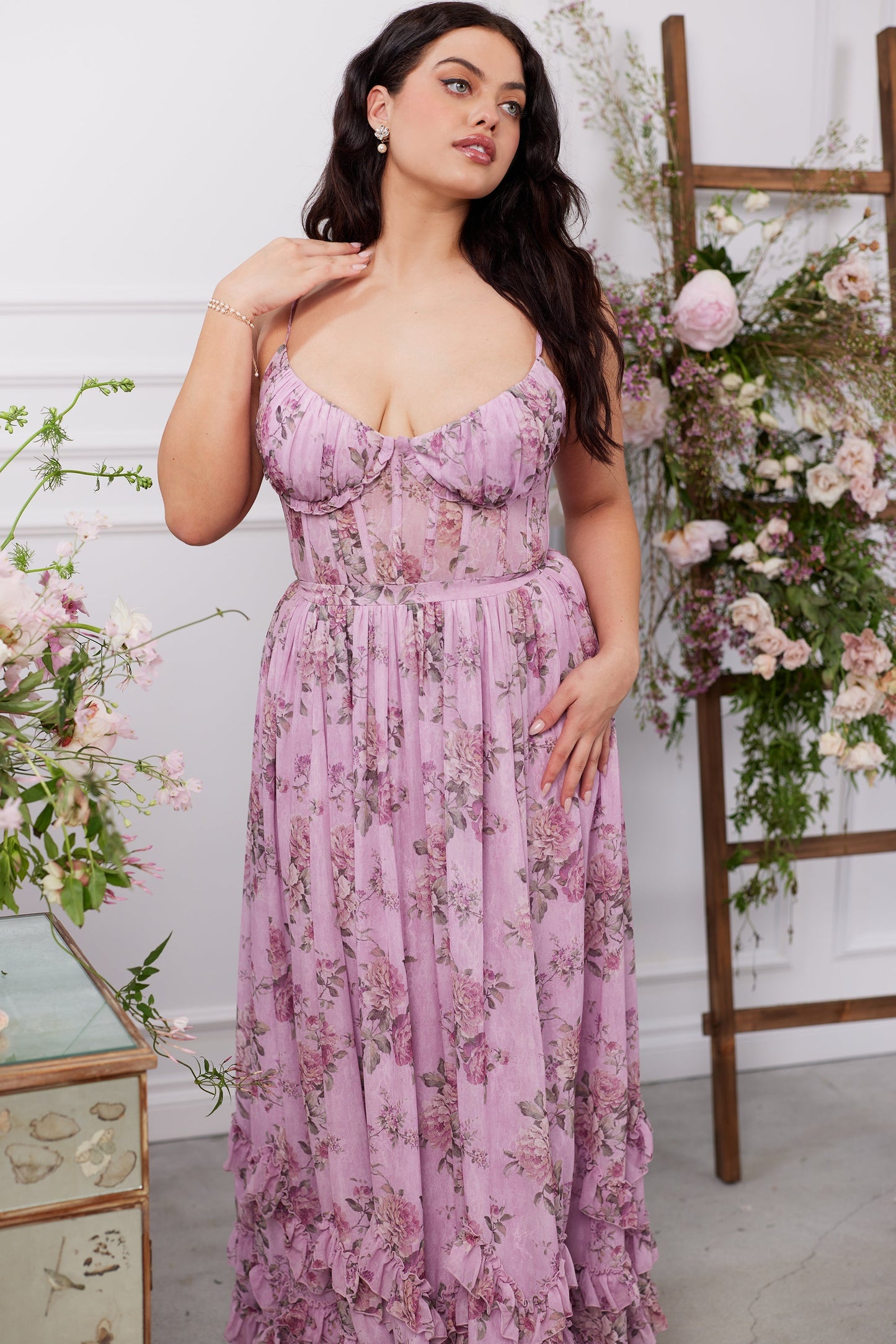 The Carmen Dress in Lilac Tapestry Rose