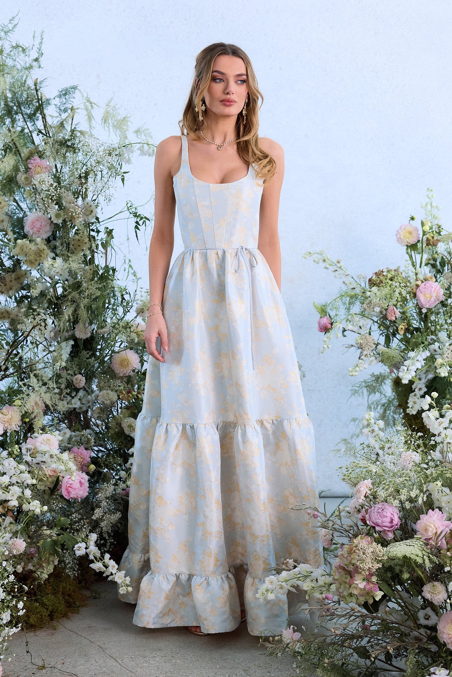 The Avery Dress in Sky Windsor Brocade