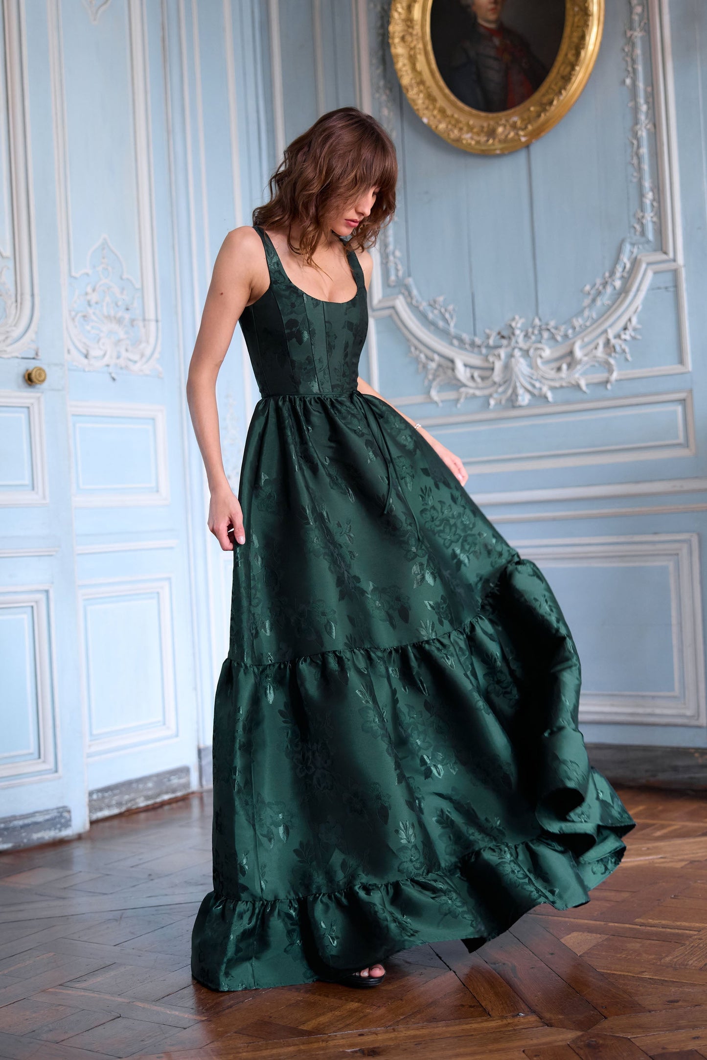 The Avery Dress in Emerald Baroque Floral