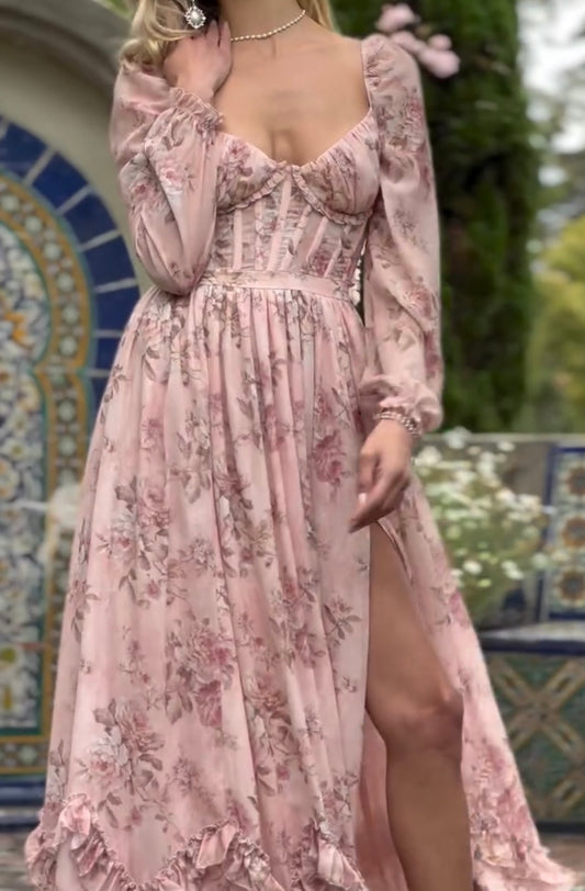 Floral Slimming Long Sleeve Dress