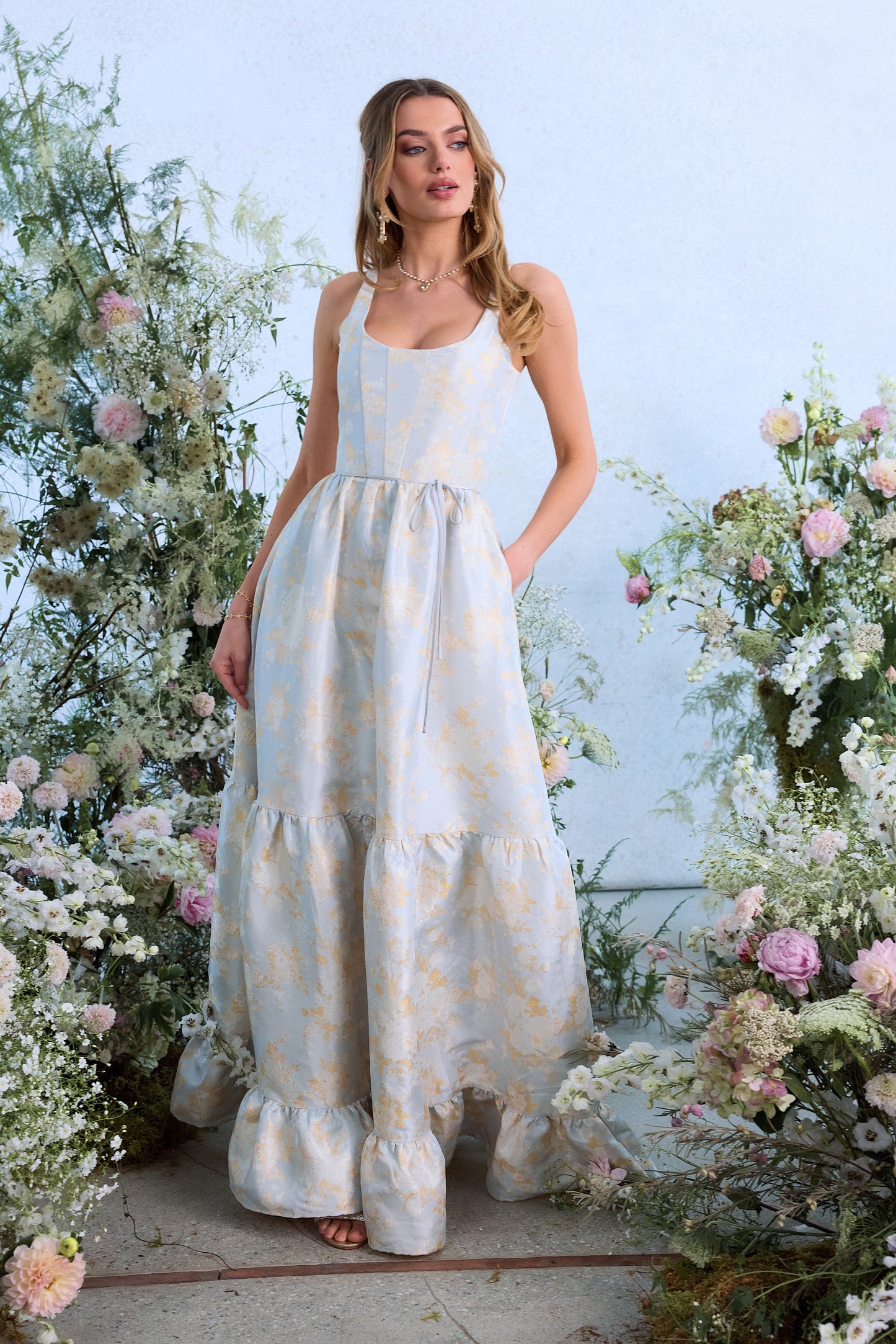 The Avery Dress in Sky Windsor Brocade