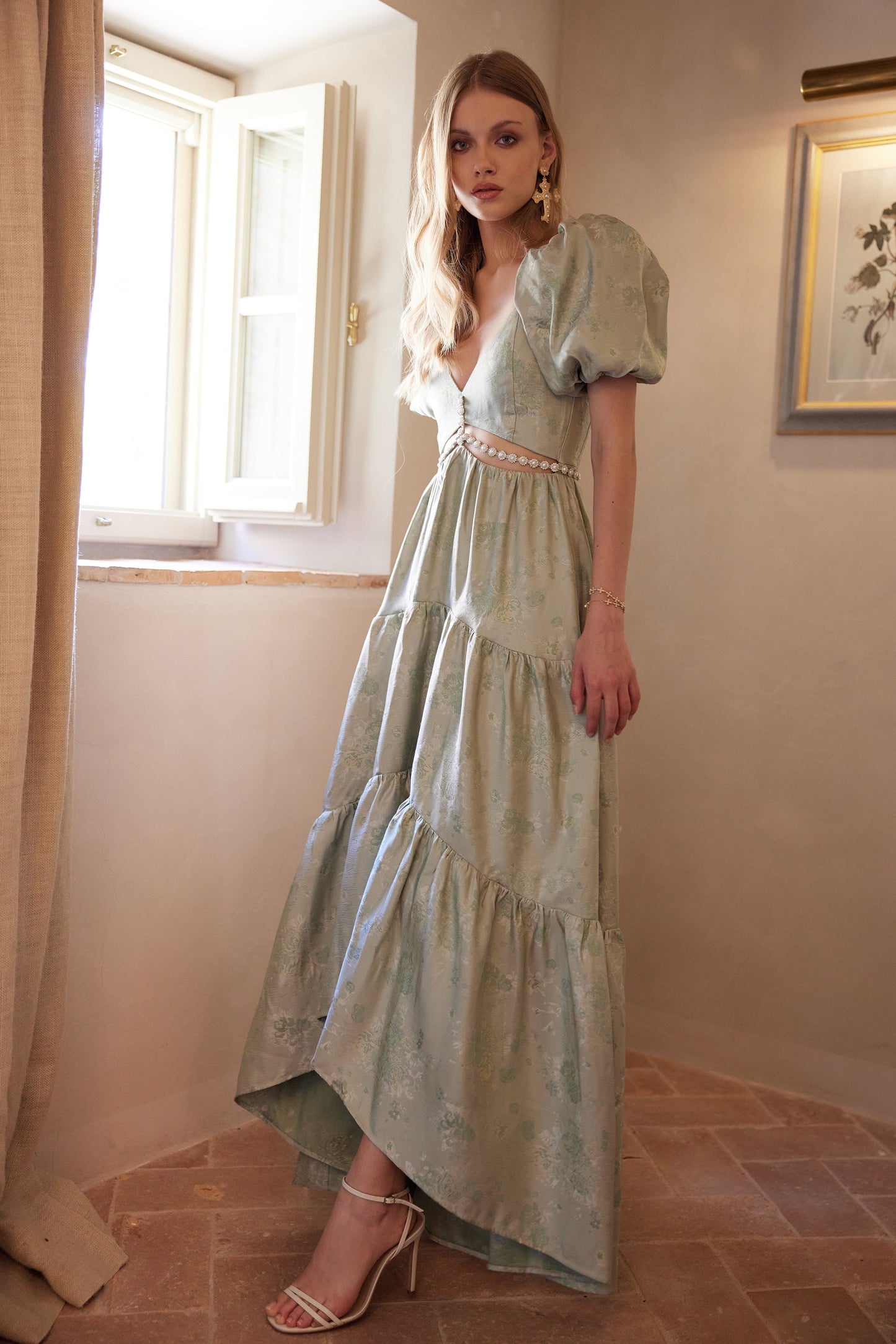 The Emma Dress in Sage Windsor Brocade