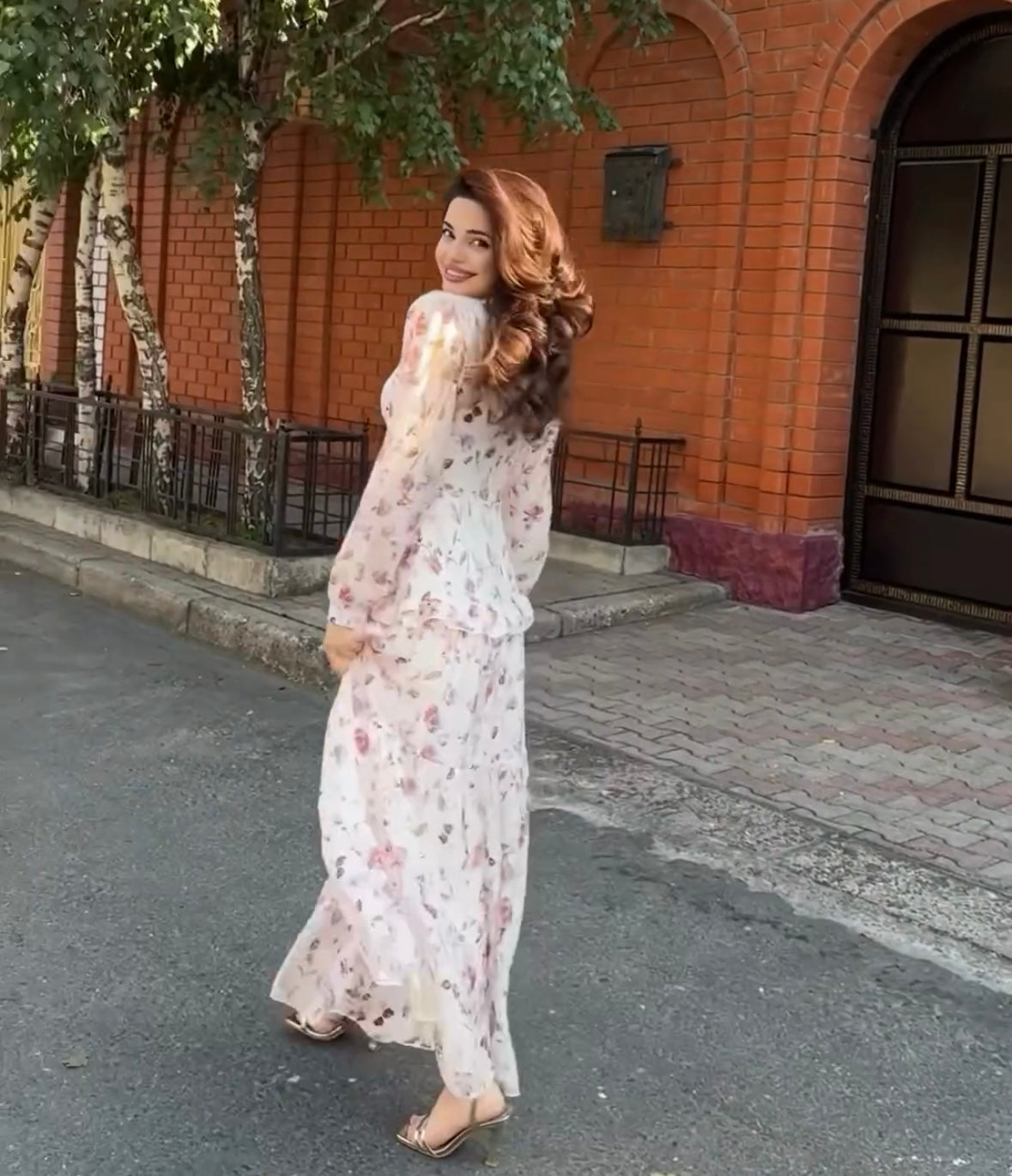 Fashion Floral Print Floral Slim-Fitting Lantern Sleeve Maxi Dress