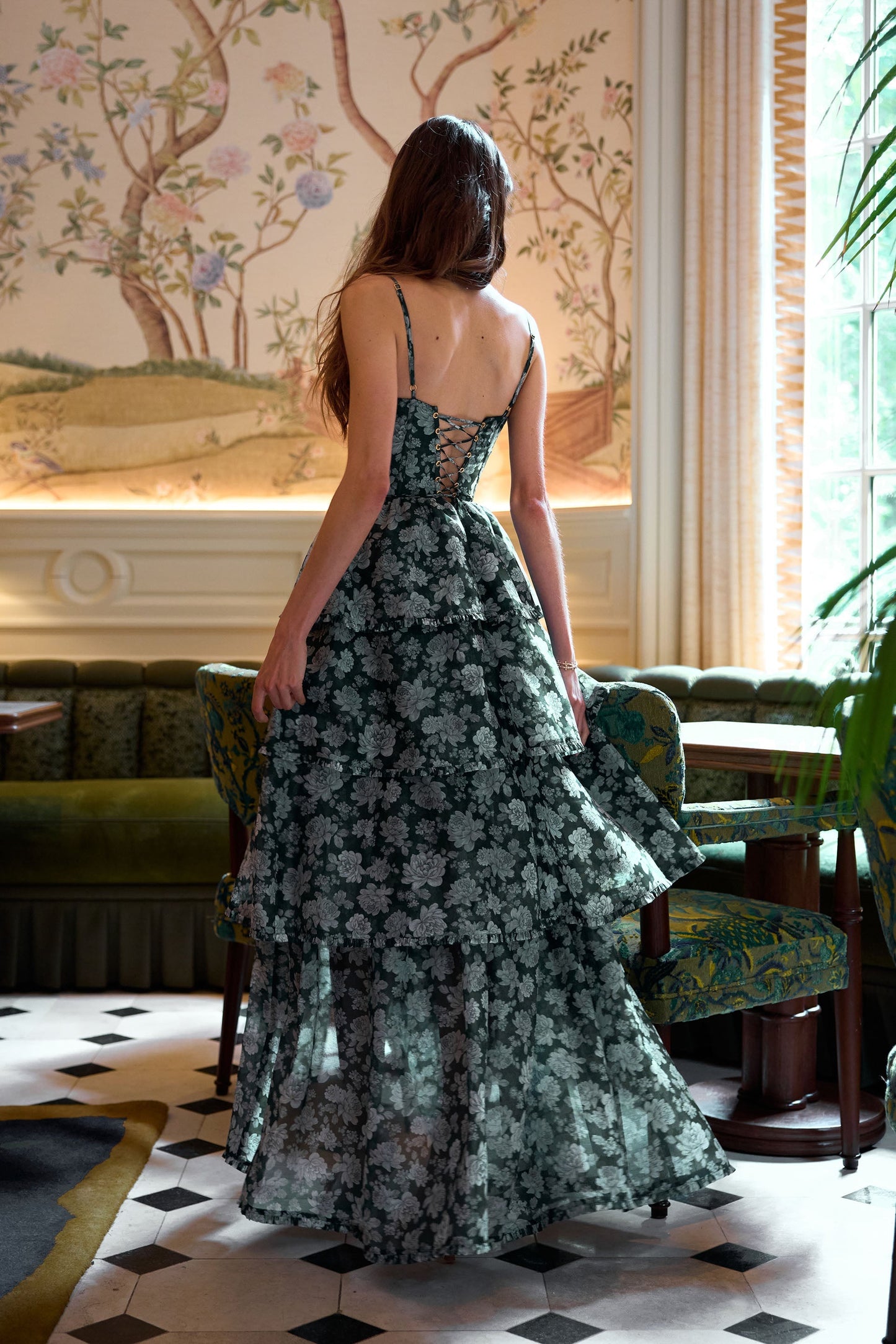 The Caterina Dress in Emerald Peony Print