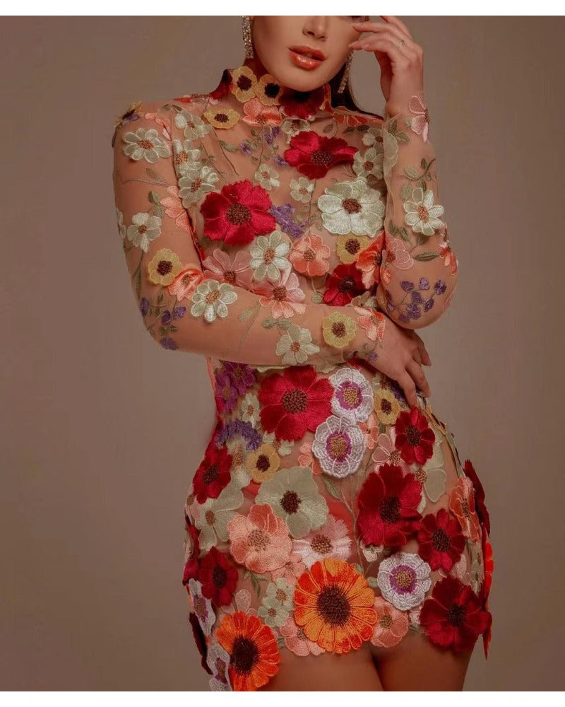 Sexy red floral print with hip wrap dress