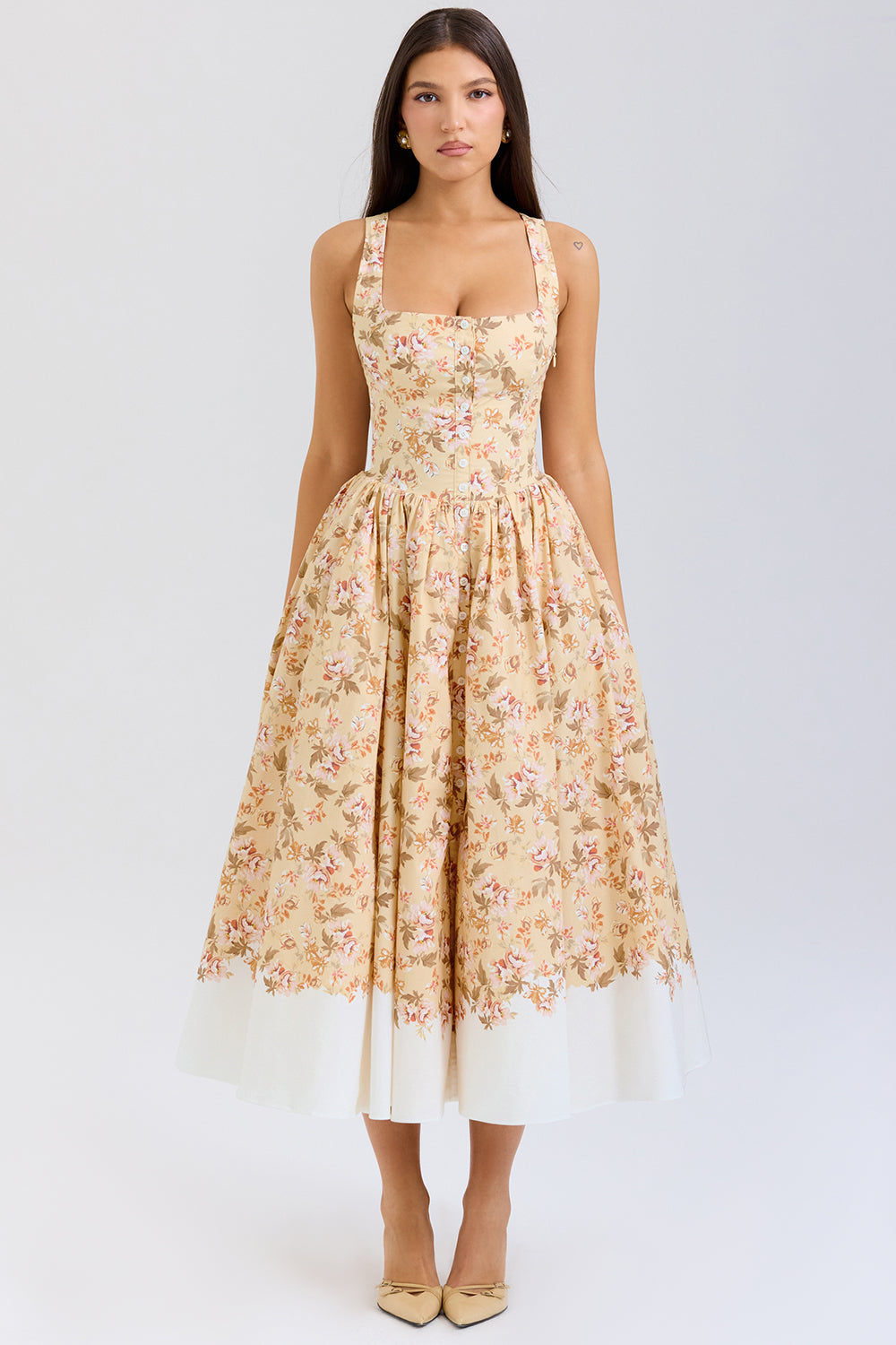 Sexy Temperament U Collar Slim-Fit Buttoned Pastoral Style Floral Dress