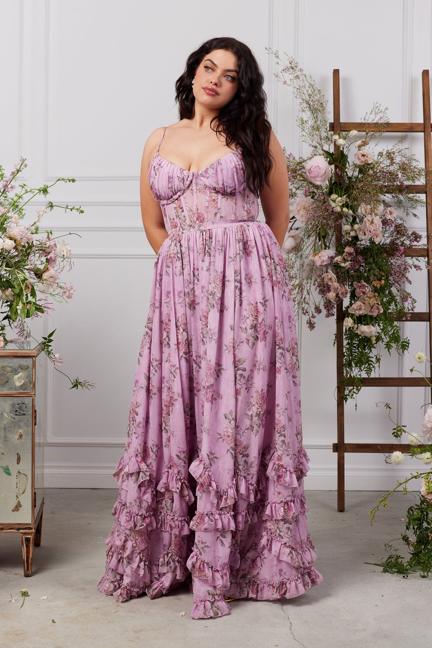 The Carmen Dress in Lilac Tapestry Rose