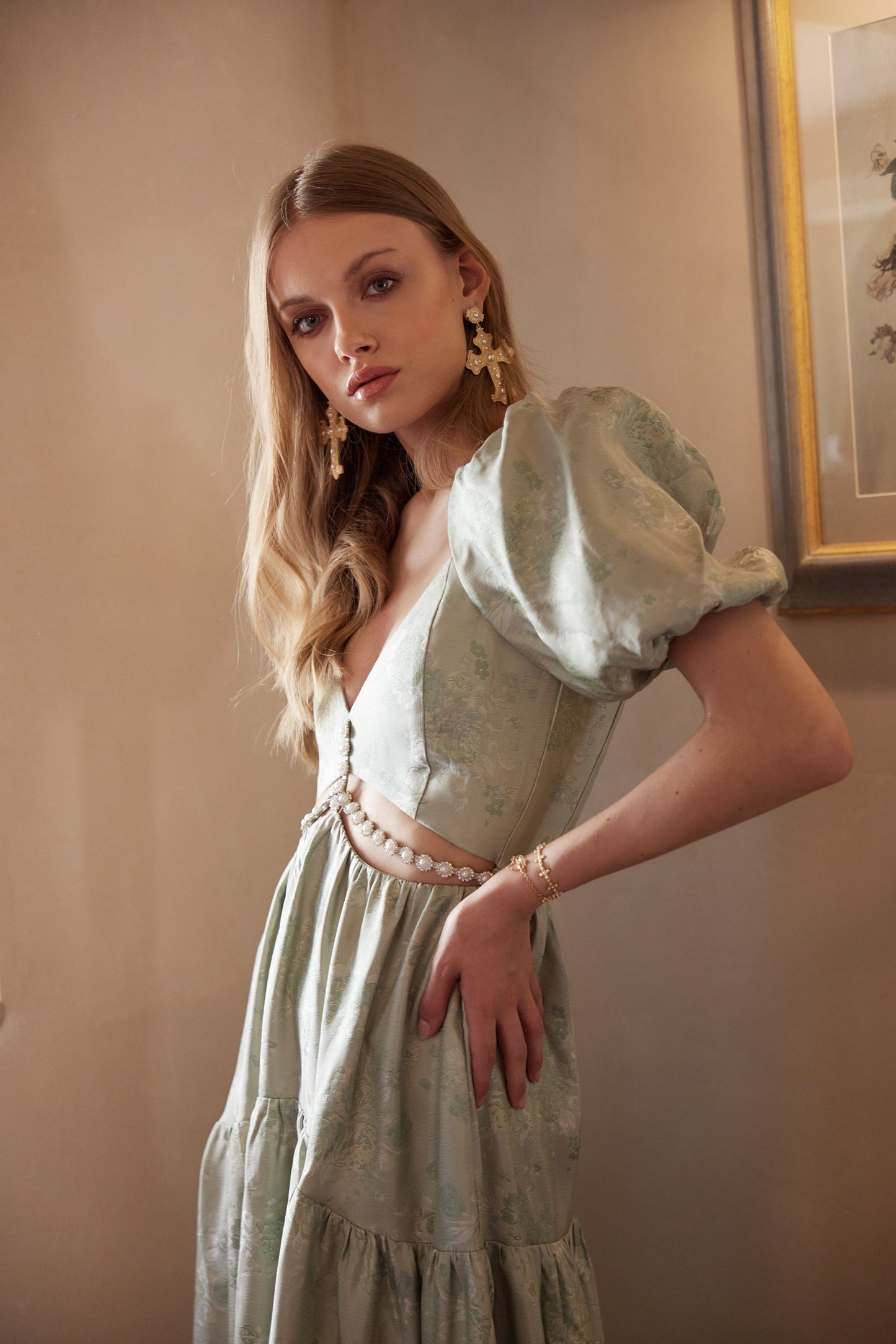 The Emma Dress in Sage Windsor Brocade