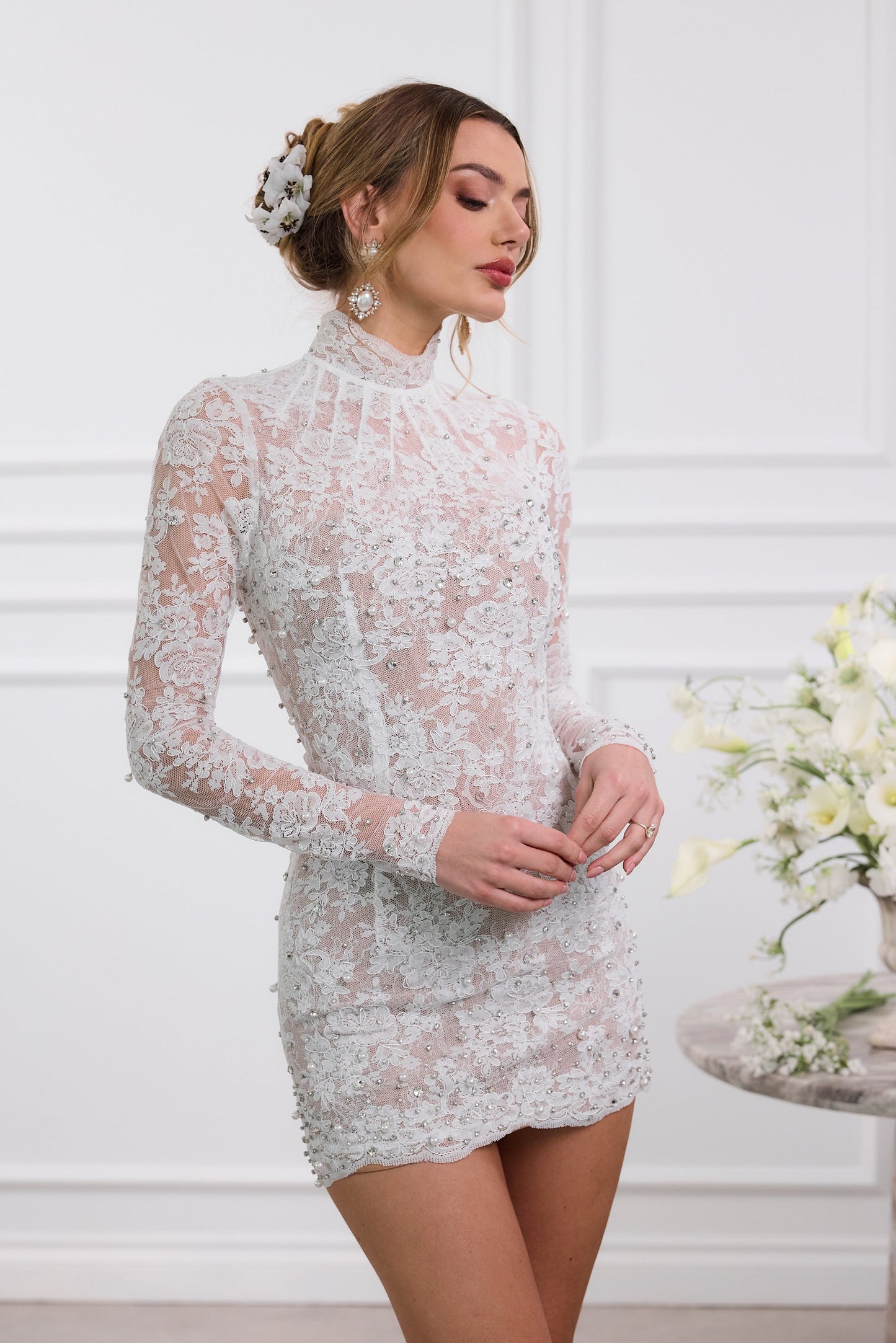 The Kiara Dress in White Chantilly Lace