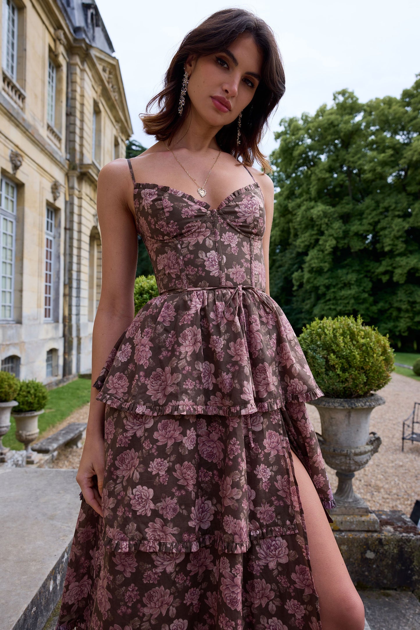 The Caterina Dress in Chocolate Peony Print