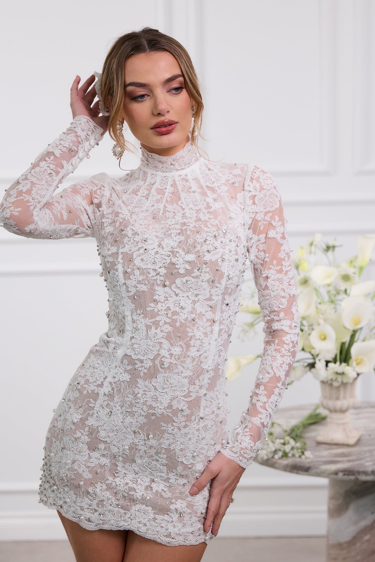 The Kiara Dress in White Chantilly Lace