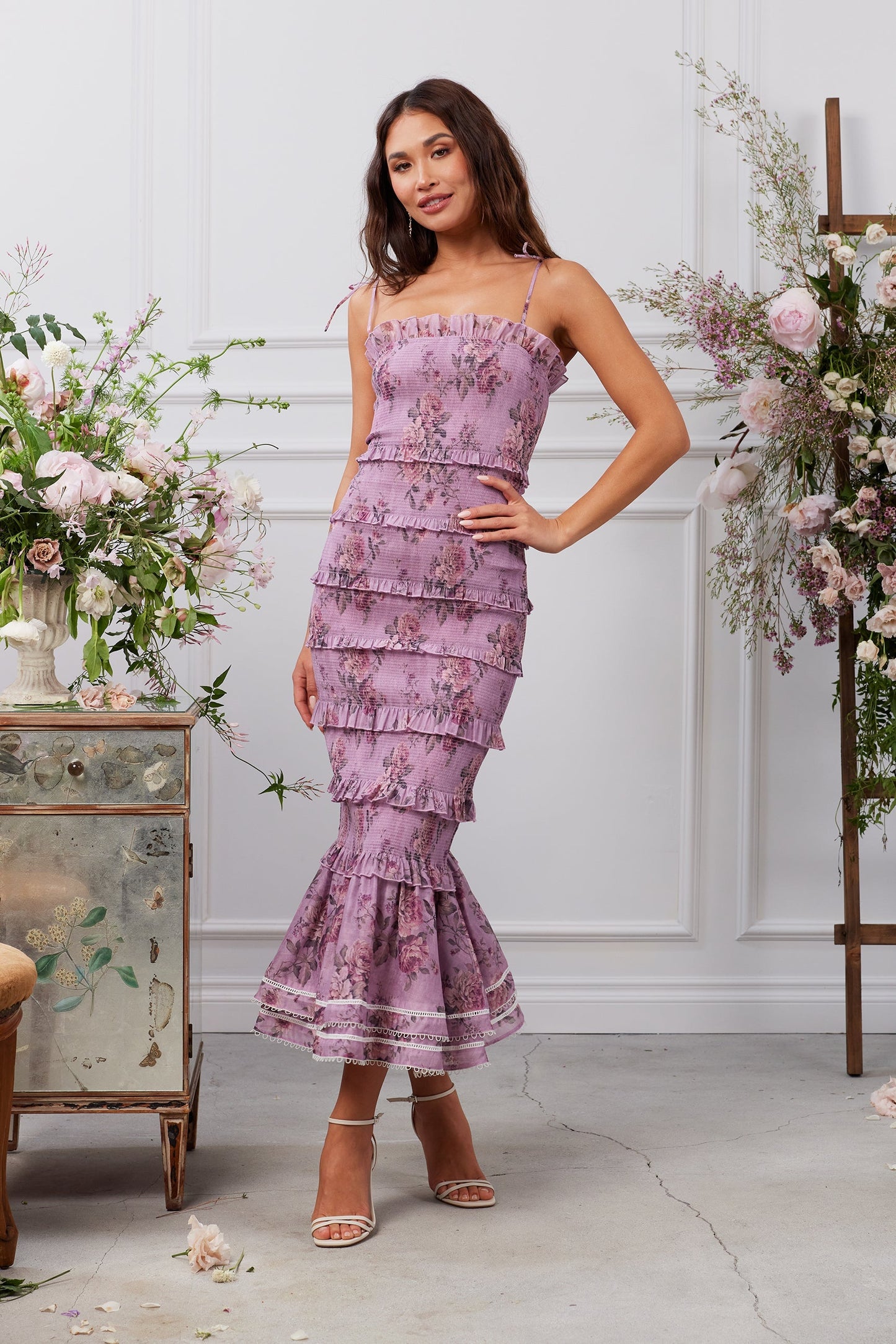 The Geranium Dress in Lilac Tapestry Rose