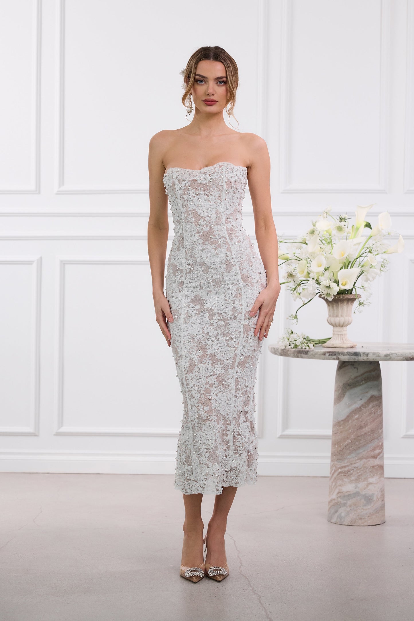 The Montague Dress in White Chantilly Lace