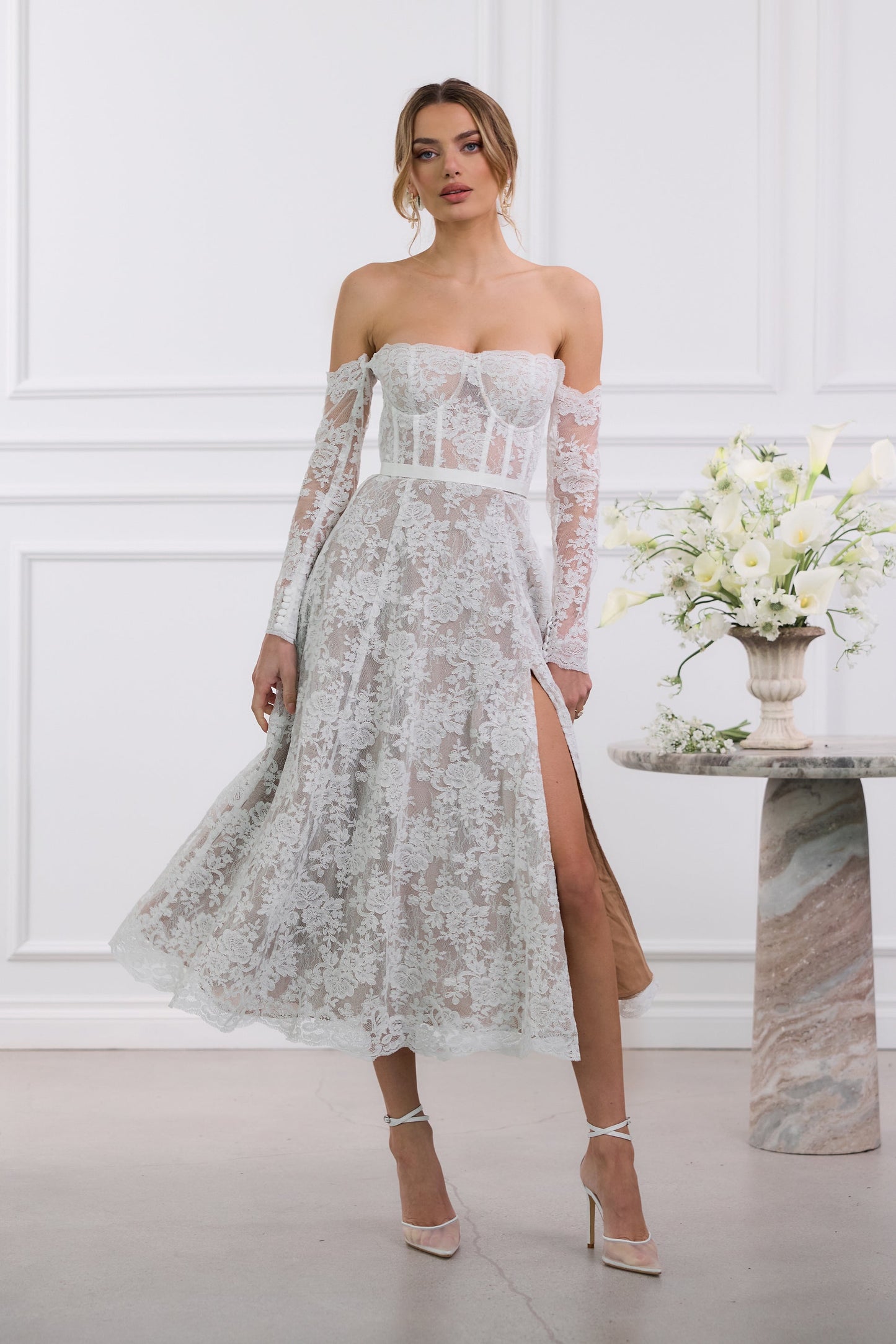 The Katherine Dress in White Chantilly Lace