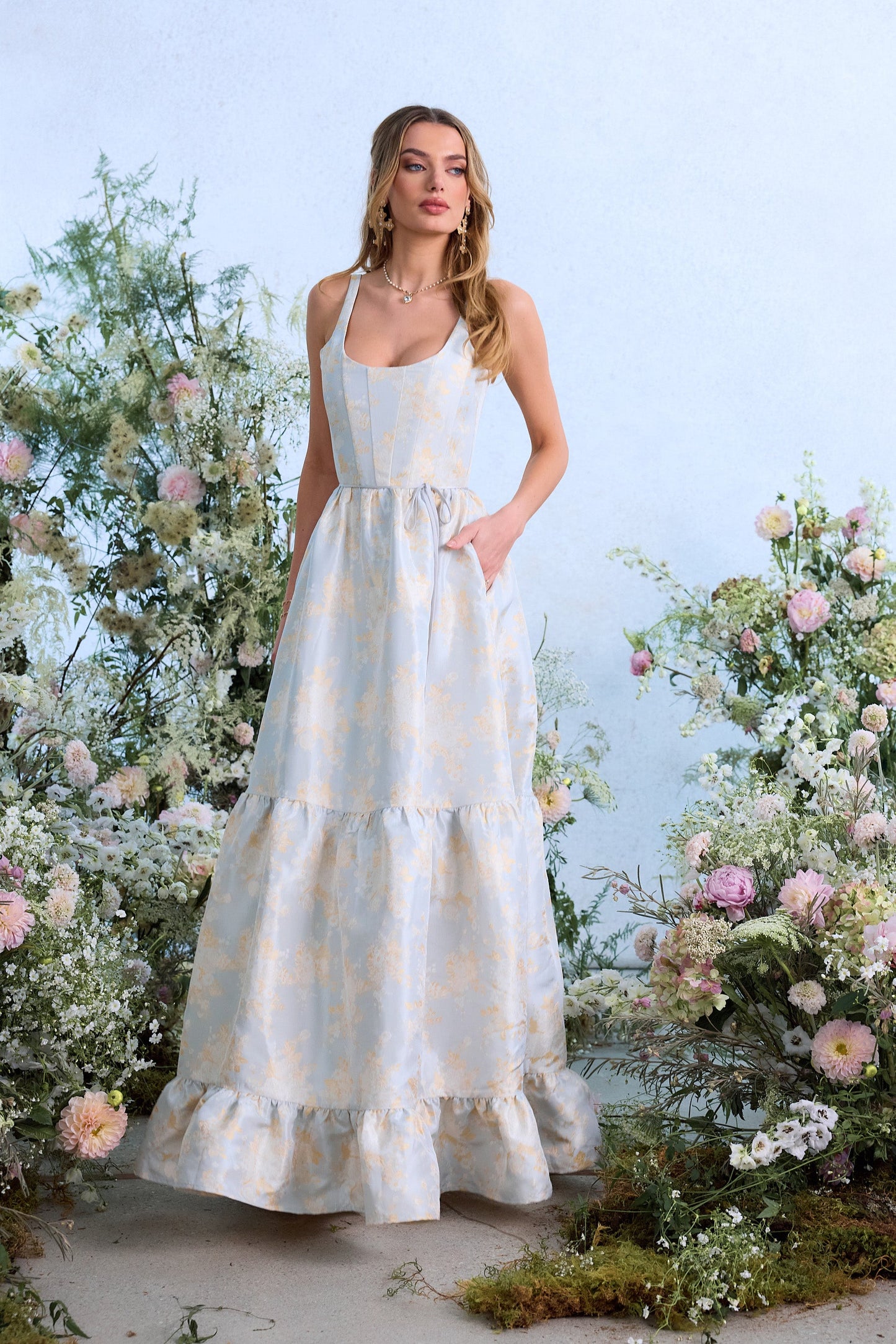 The Avery Dress in Sky Windsor Brocade