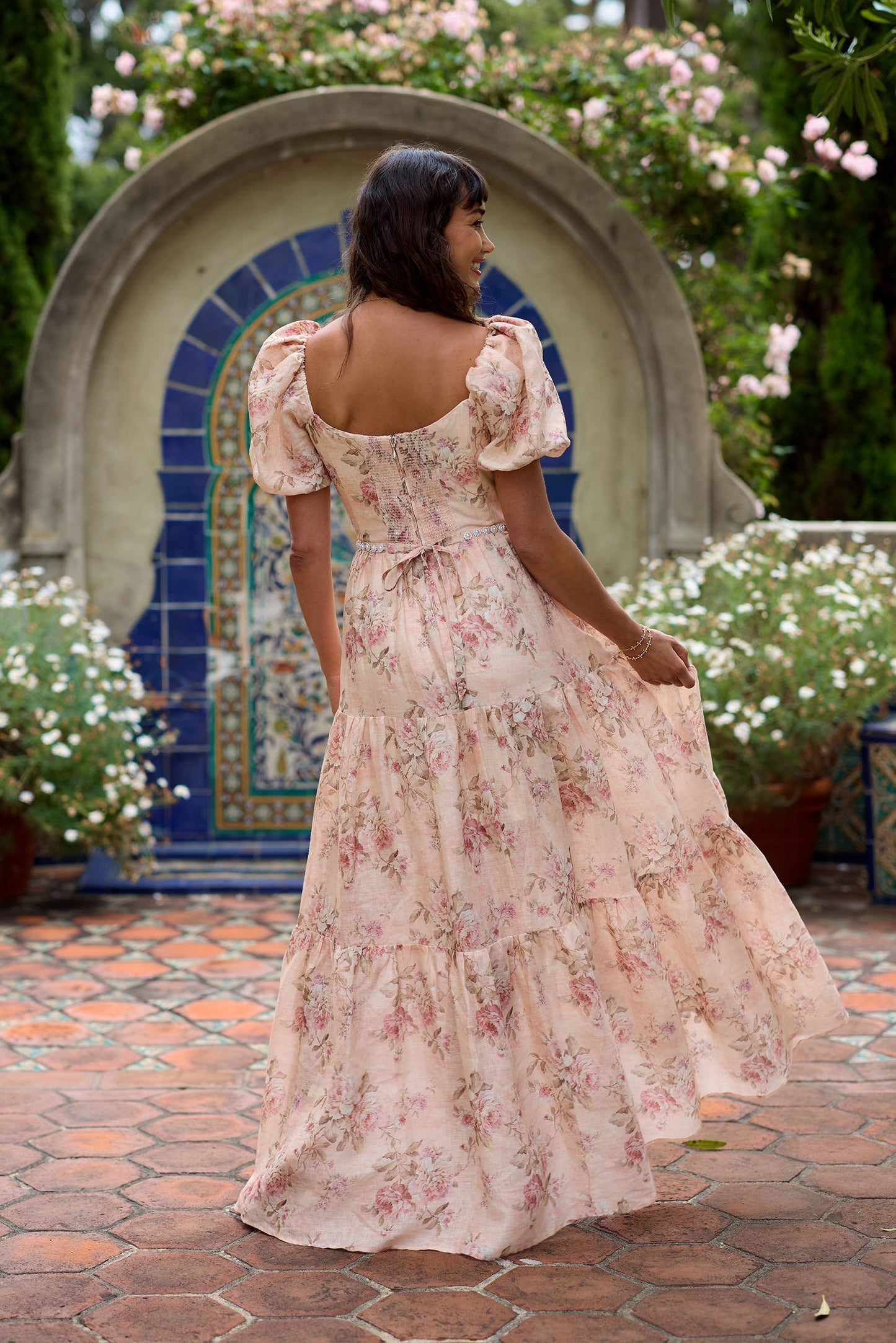 The Emma Dress in Peach Tapestry