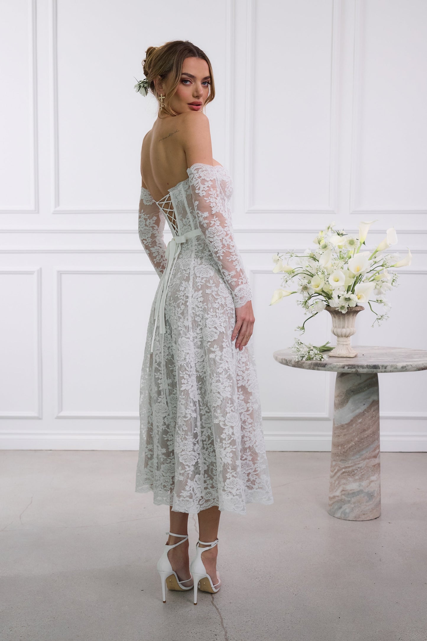 The Katherine Dress in White Chantilly Lace