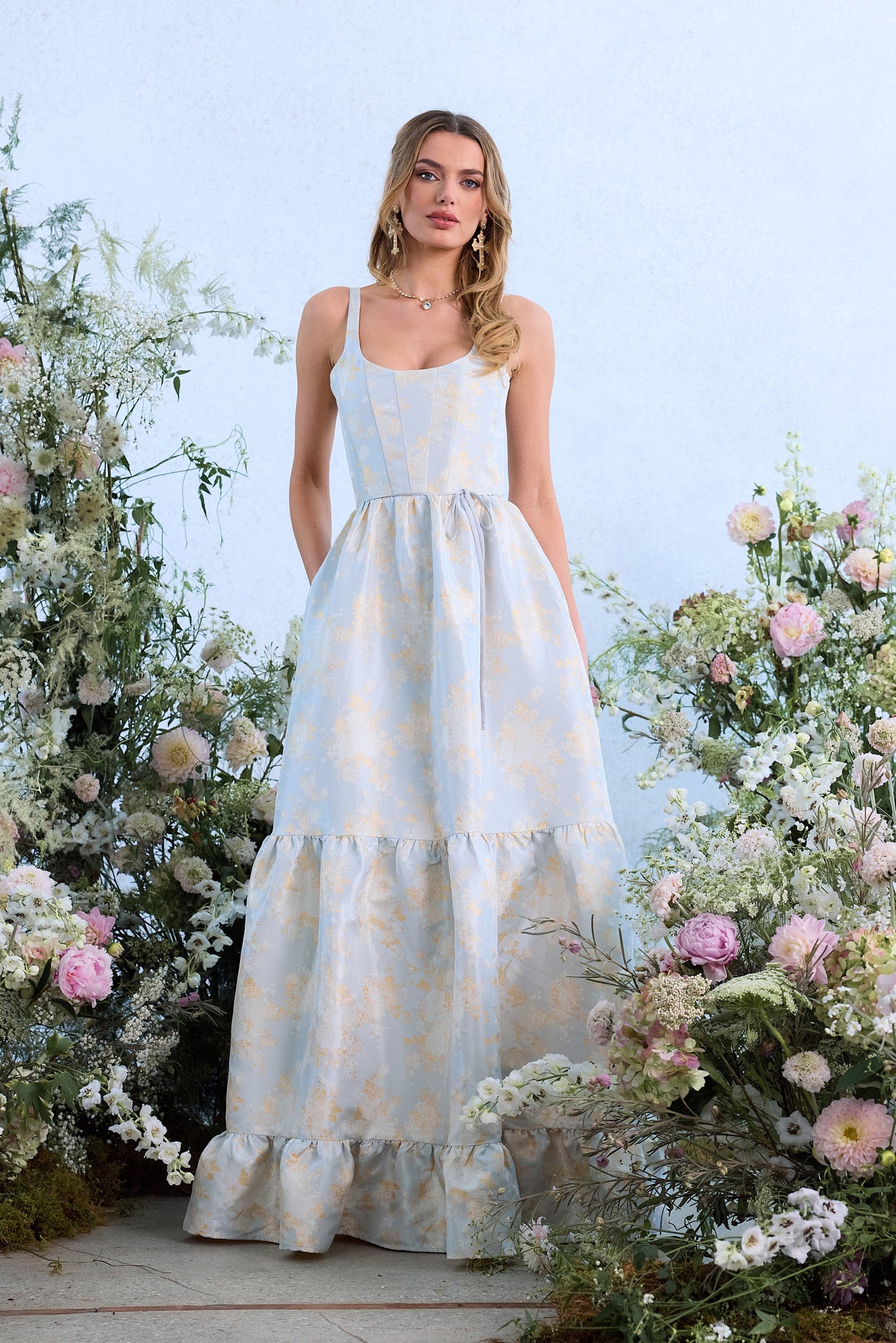 The Avery Dress in Sky Windsor Brocade