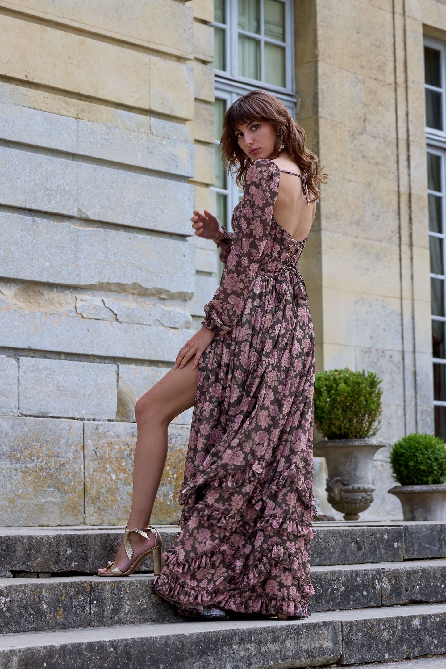 The Carmella Dress in Chocolate Peony Print