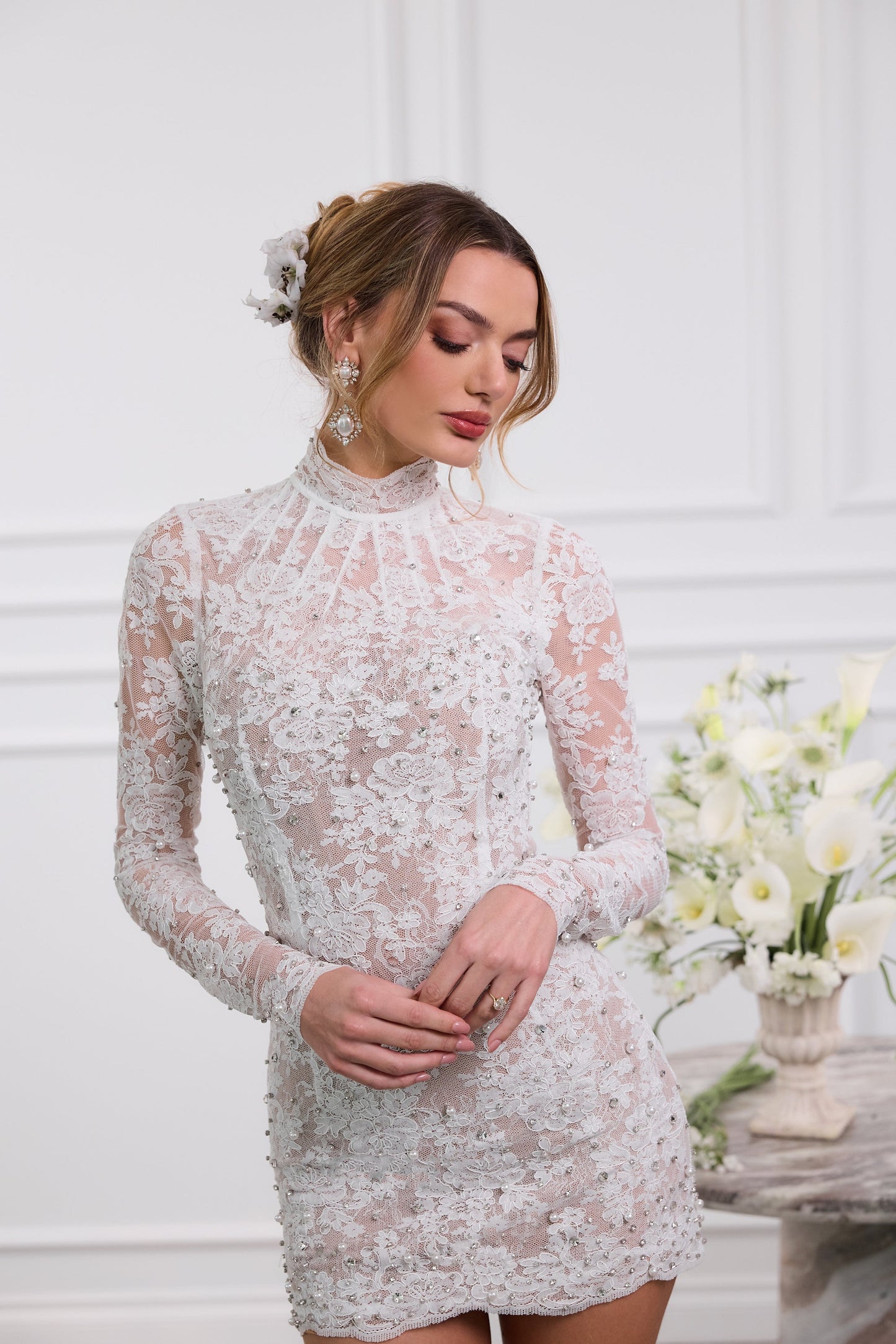 The Kiara Dress in White Chantilly Lace