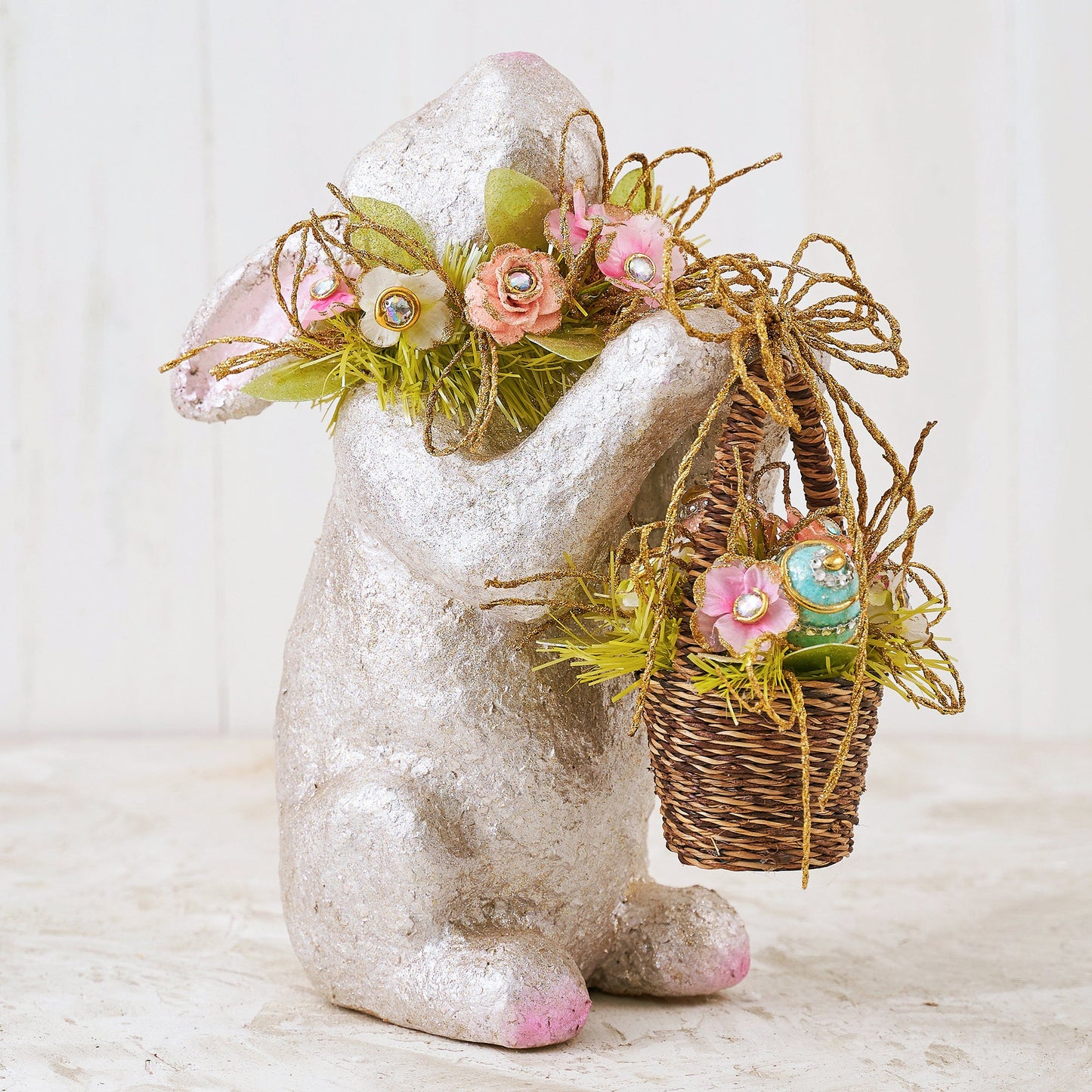 Capiz Floral Bunny with Wicker Basket Centerpiece f