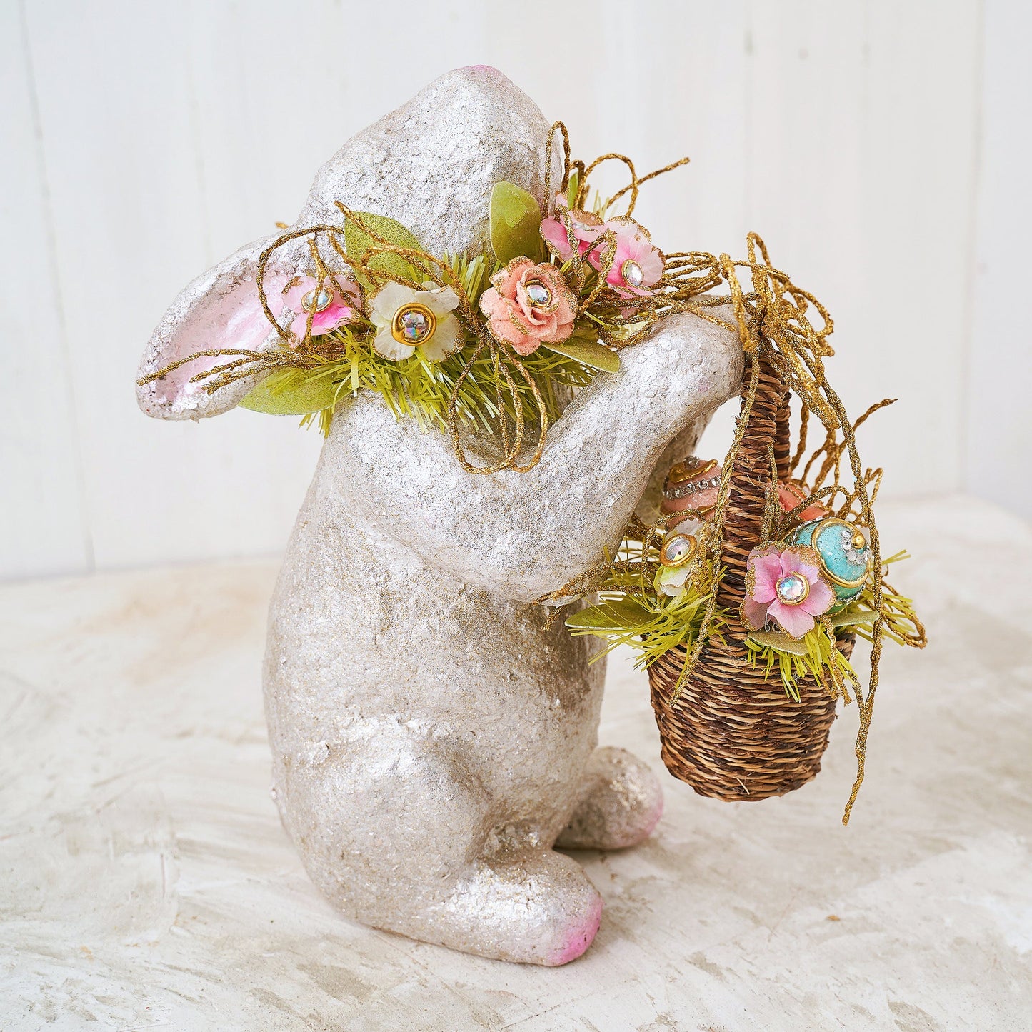 Capiz Floral Bunny with Wicker Basket Centerpiece f