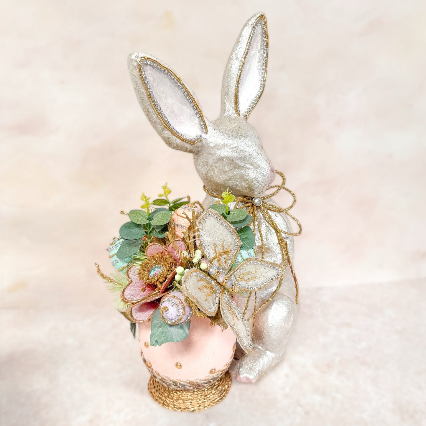 Easter Elegant Bunny with Floral Butterfly Pot