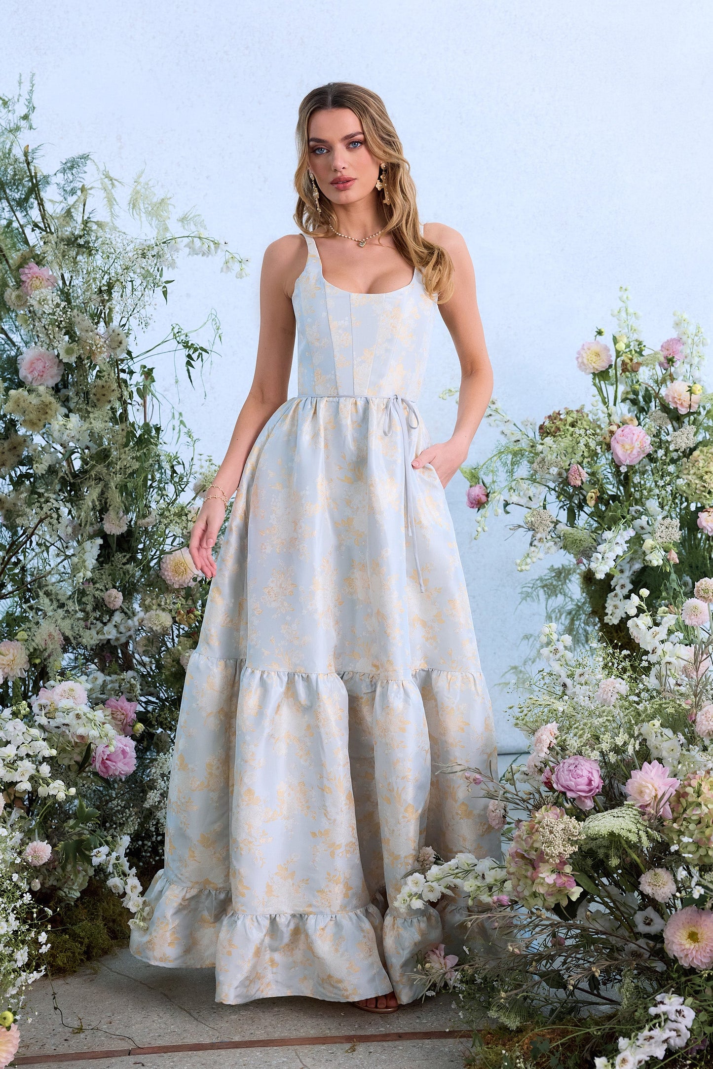 The Avery Dress in Sky Windsor Brocade