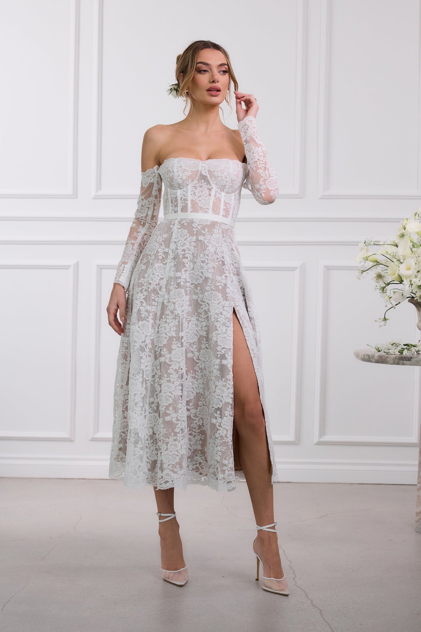 The Katherine Dress in White Chantilly Lace