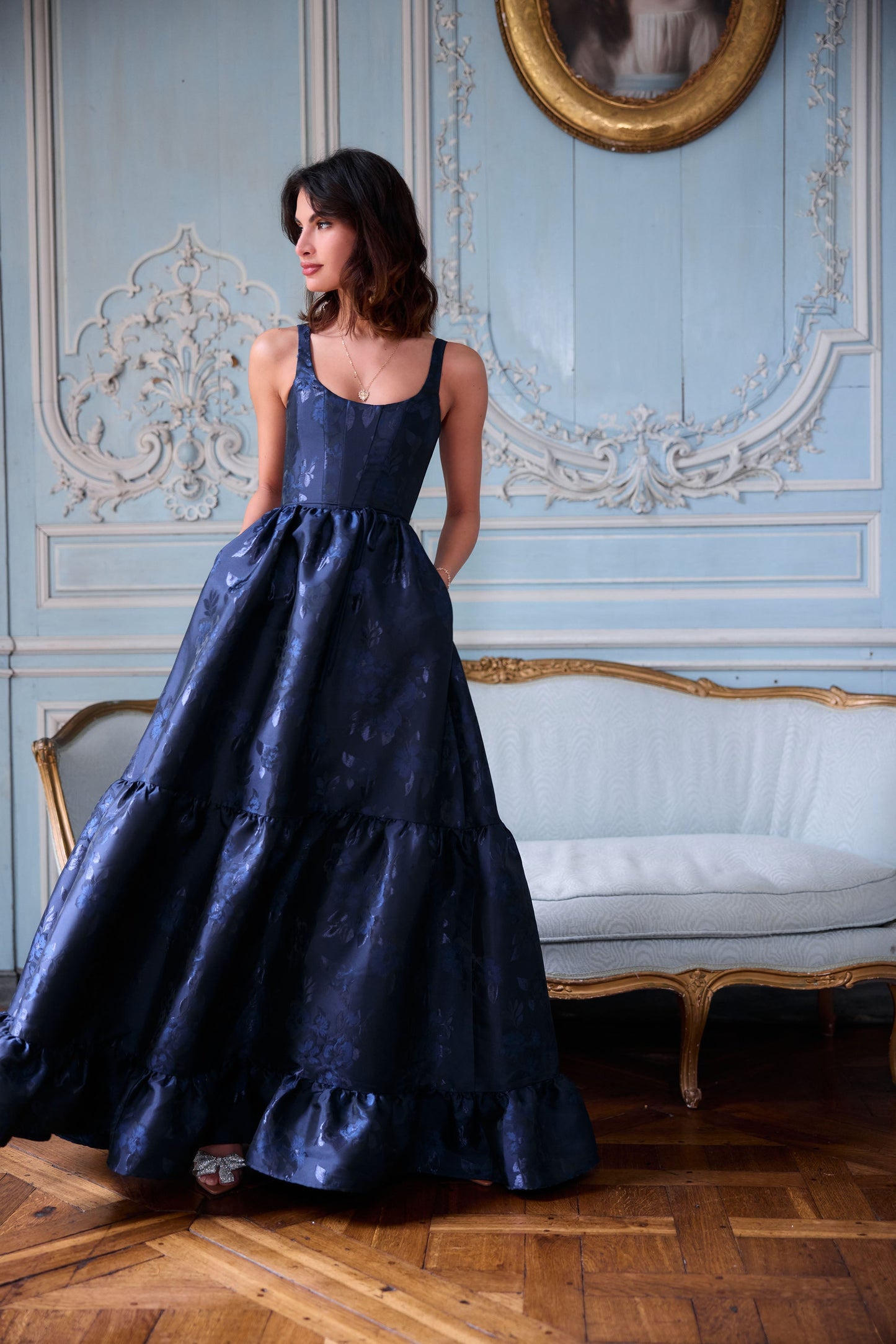 The Avery Dress in Navy Baroque Floral