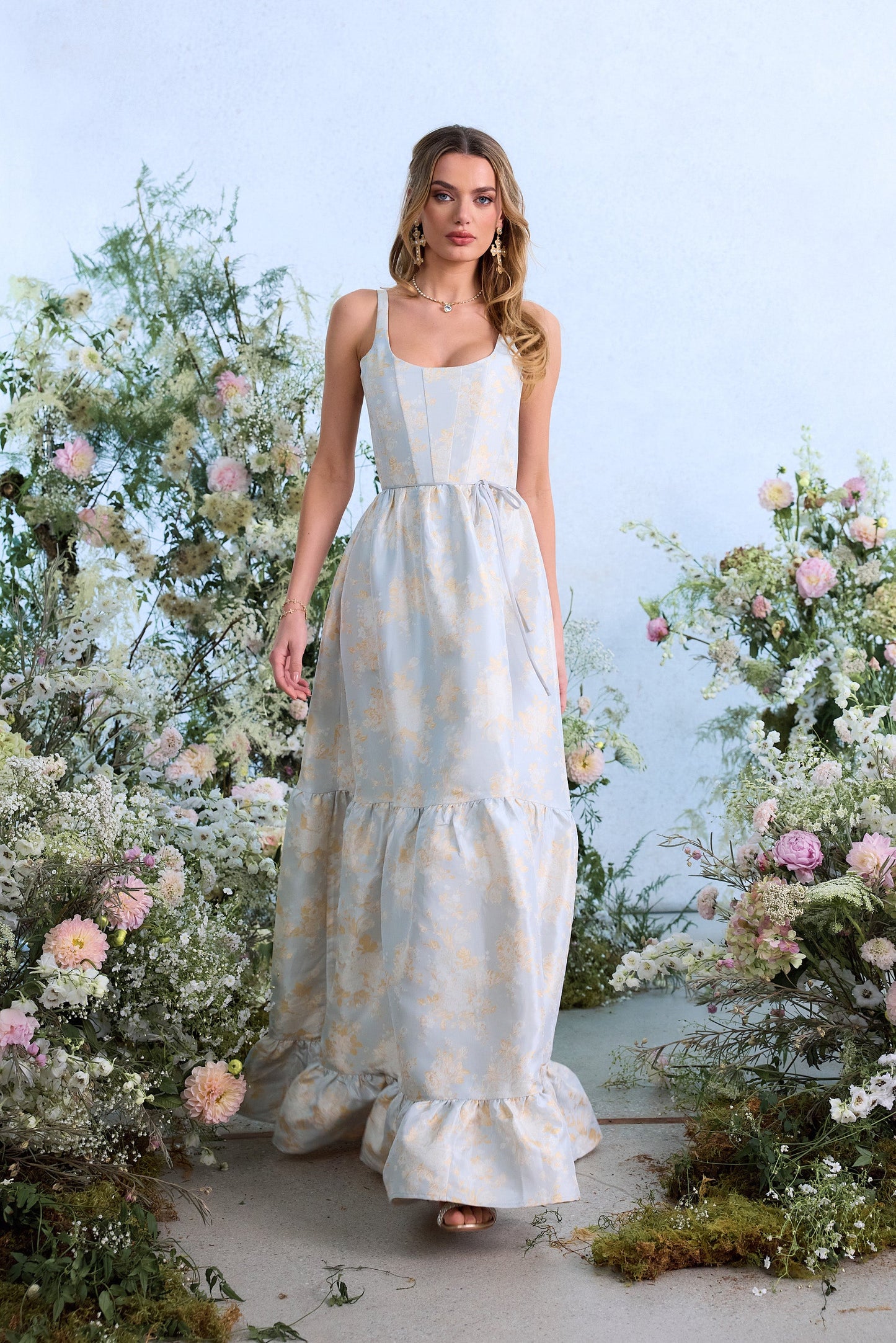 The Avery Dress in Sky Windsor Brocade