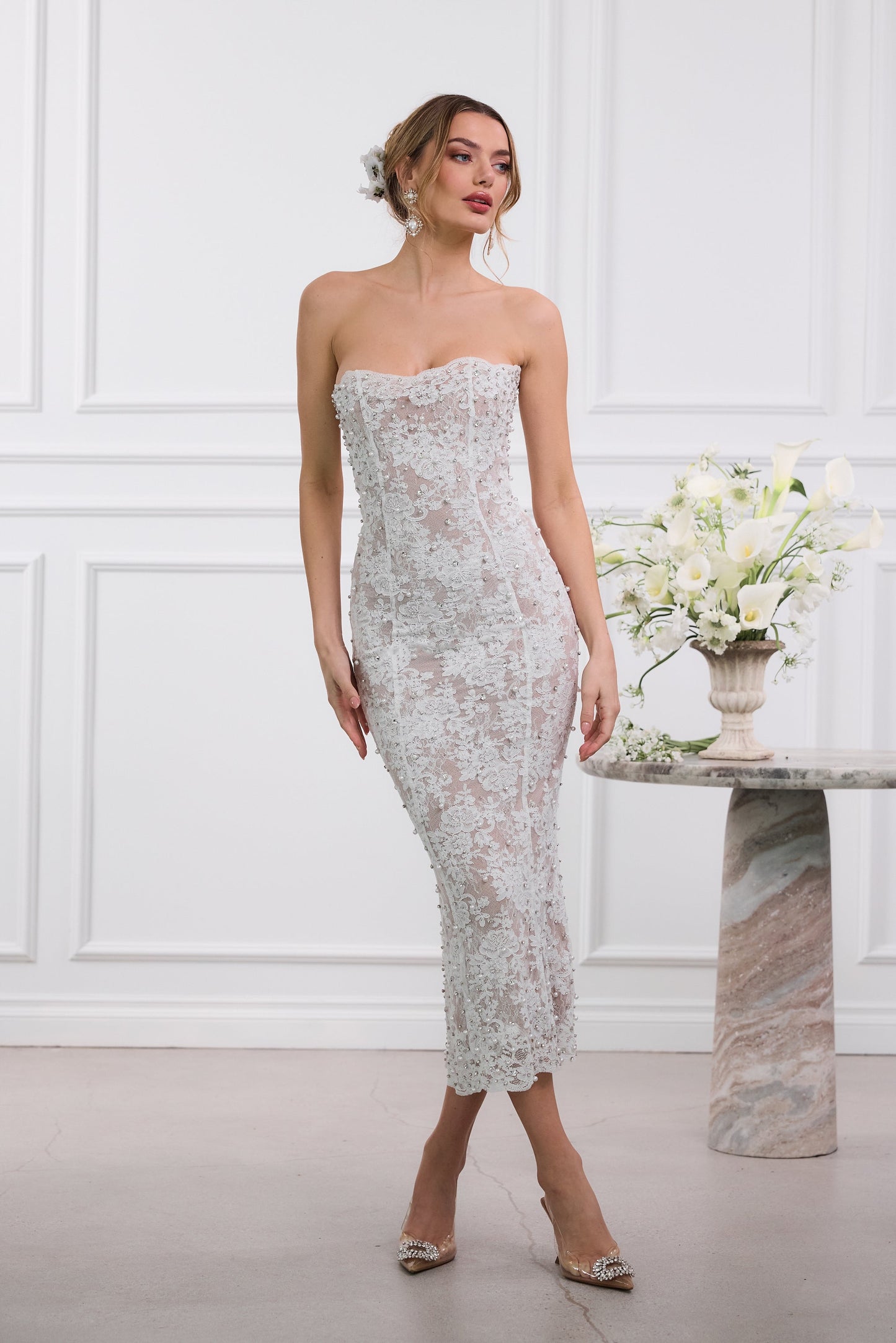 The Montague Dress in White Chantilly Lace