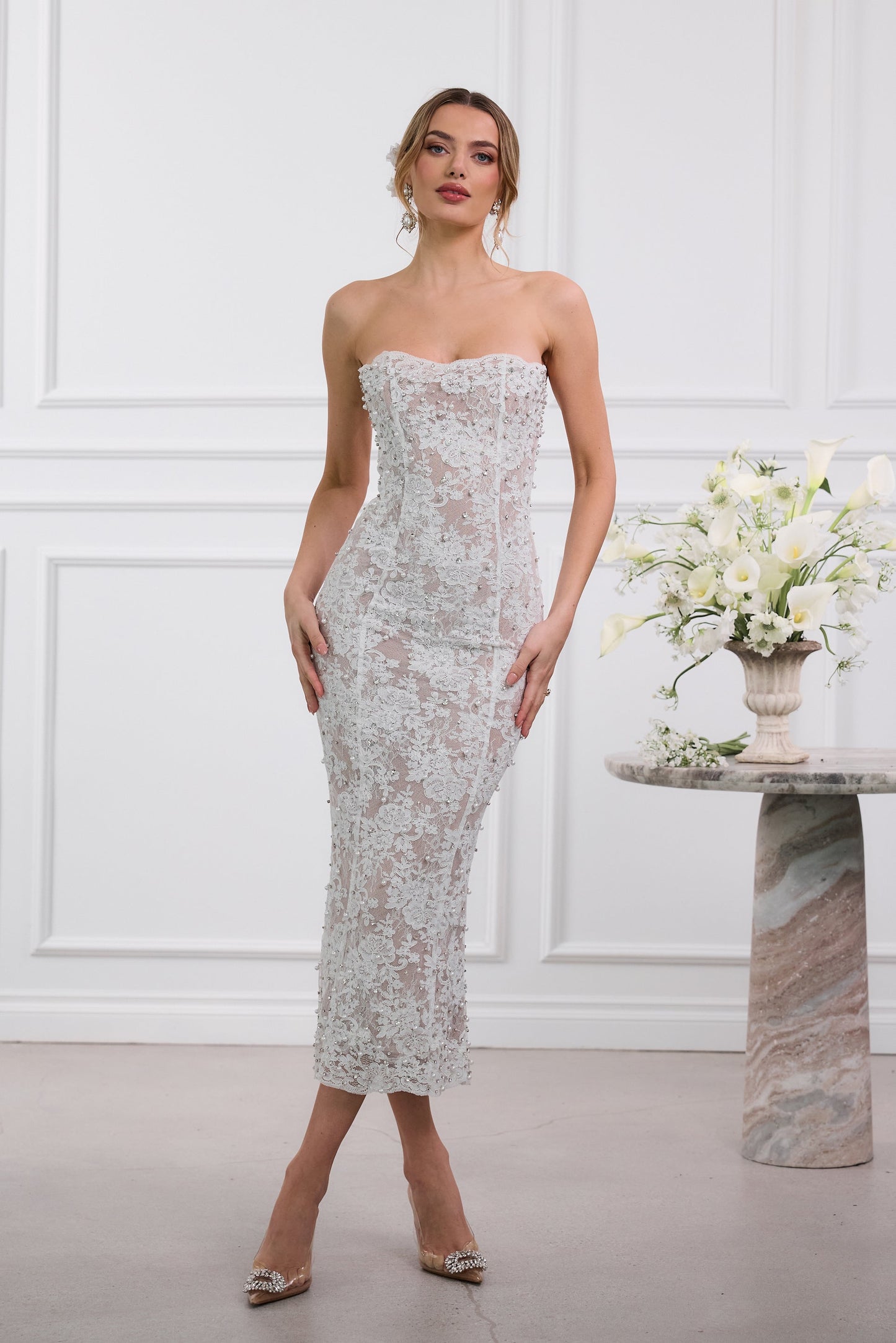 The Montague Dress in White Chantilly Lace