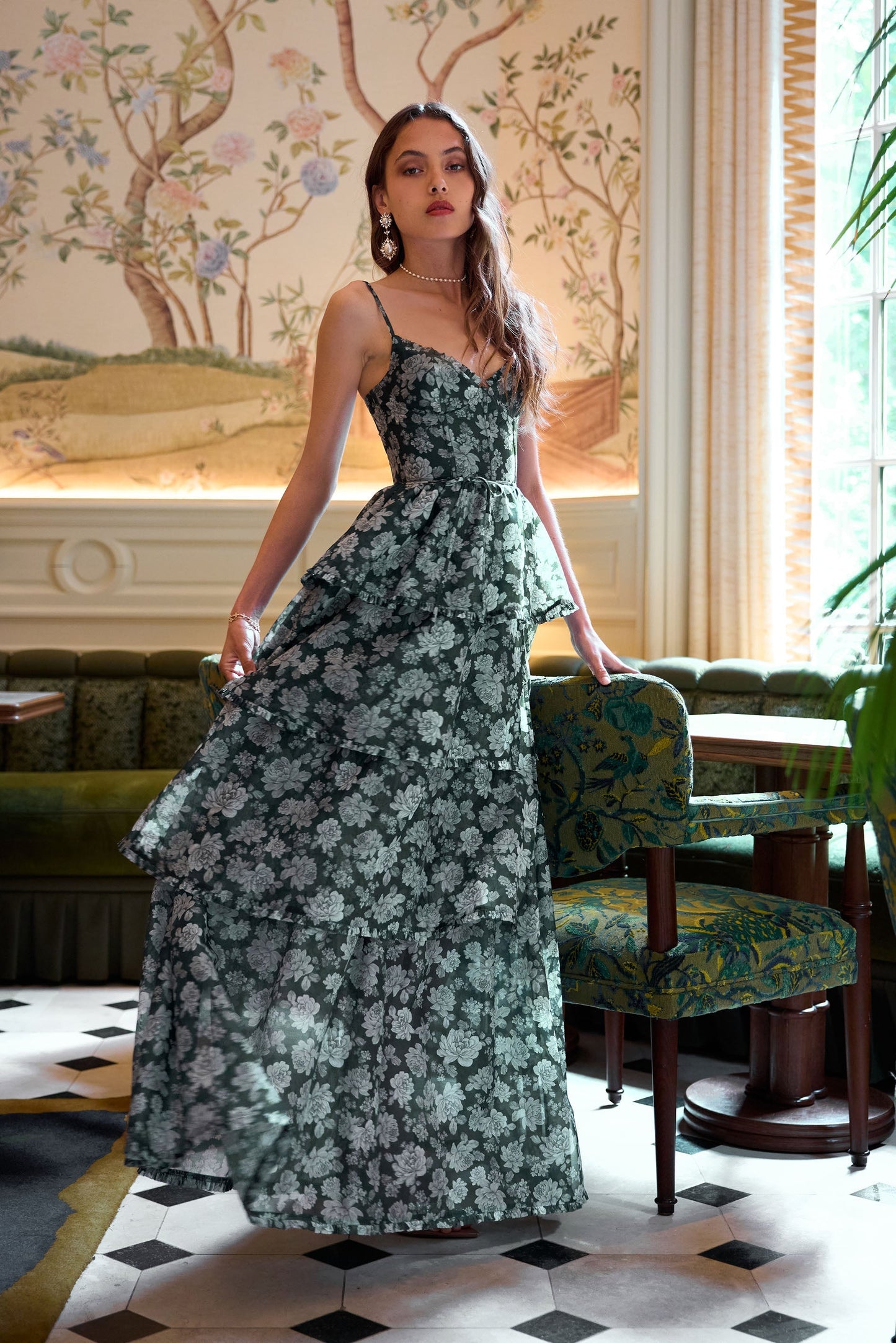 The Caterina Dress in Emerald Peony Print