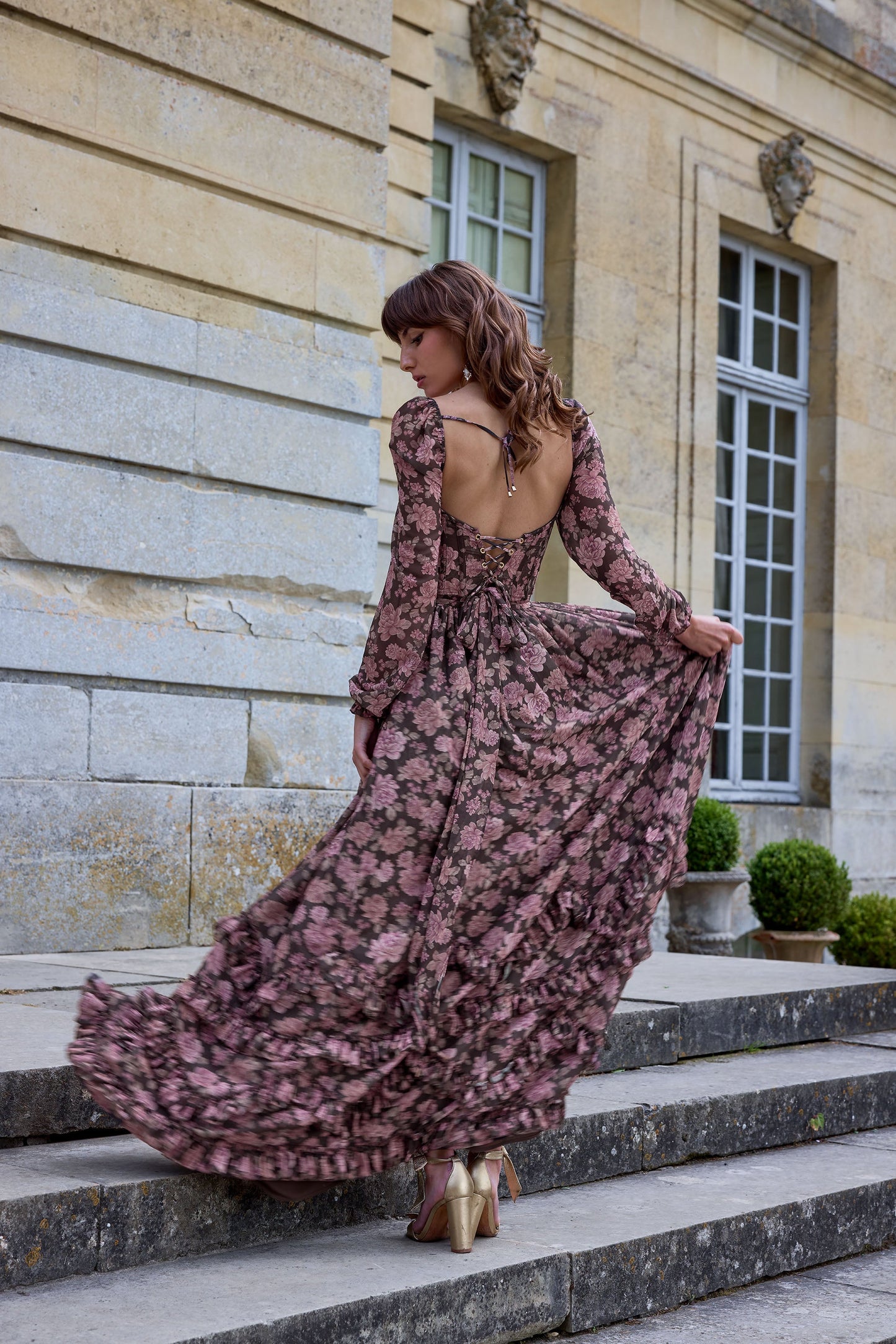 The Carmella Dress in Chocolate Peony Print